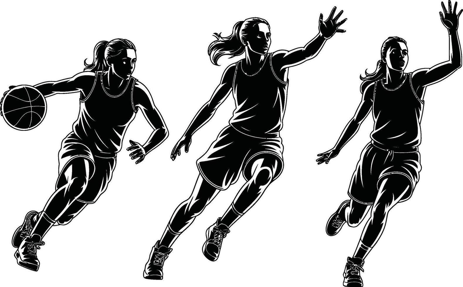 Dynamic black and white illustration of a woman dribbling and playing basketball with action vector