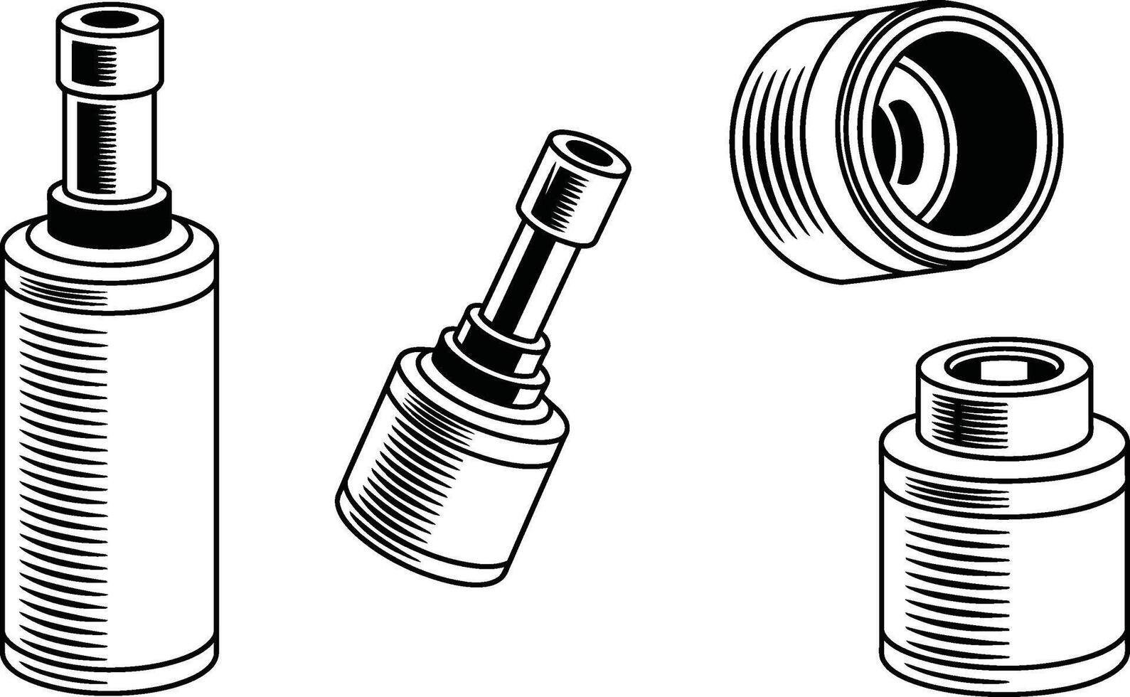 Detailed black and white illustration of assorted cylindrical industrial components isolated vector