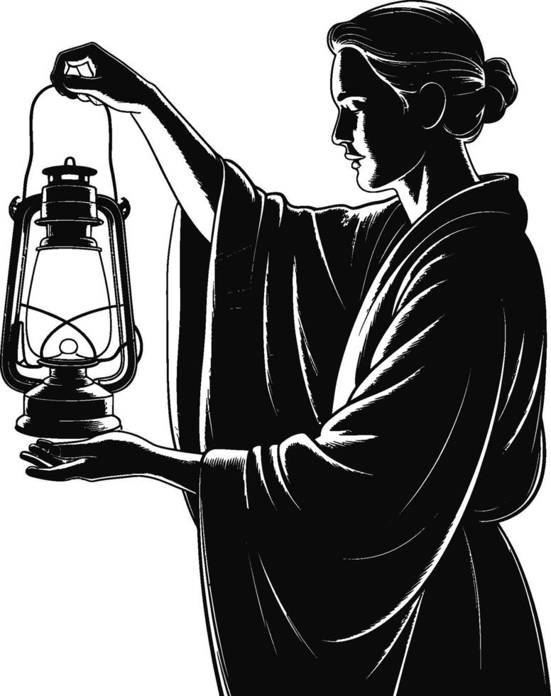Silhouette of a woman holding a lantern illuminating darkness or seeking guidance vector