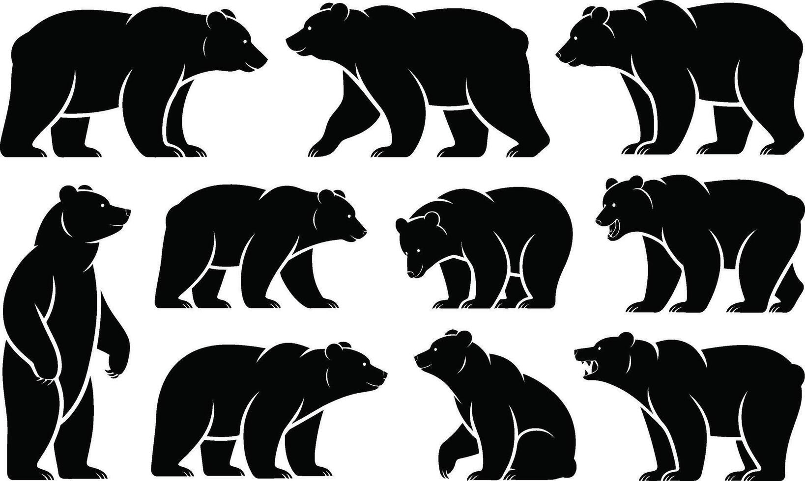 Black bear silhouettes in various poses and expressions representing wildlife and nature concepts vector