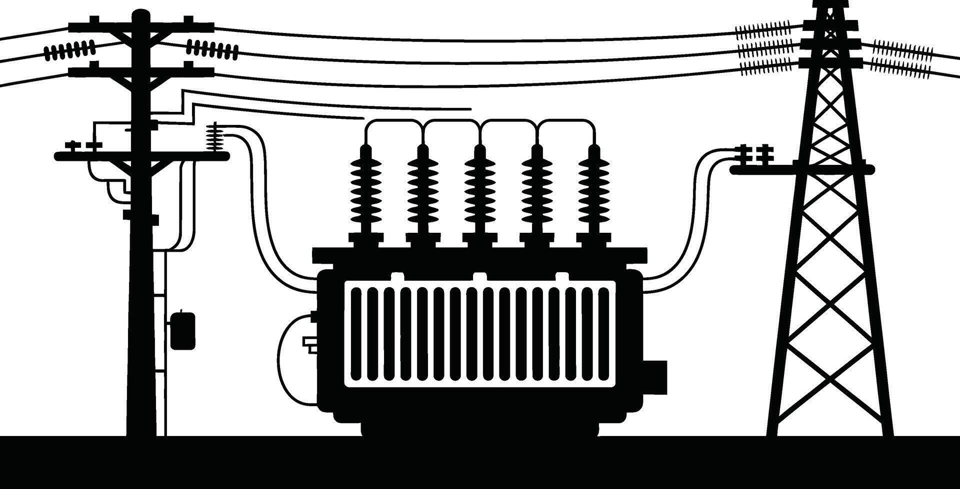 Silhouette illustration of electrical power infrastructure with power lines and transformers vector
