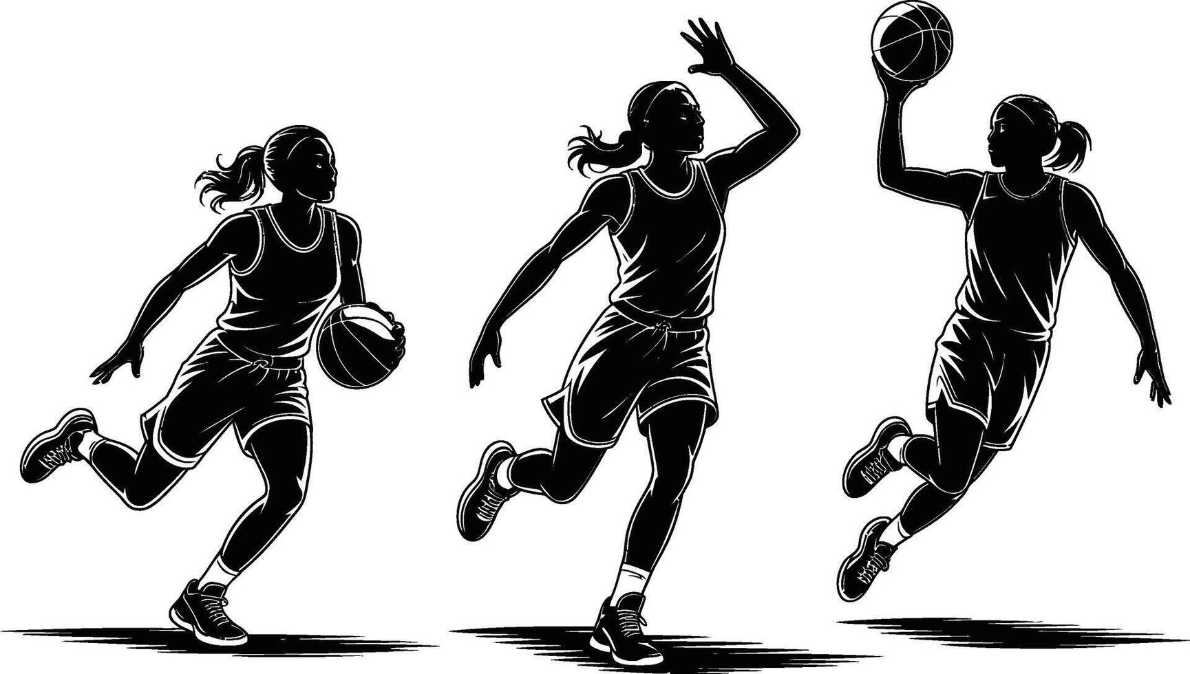 Basketball player silhouettes in action depicting dribbling passing and shooting the basketball vector