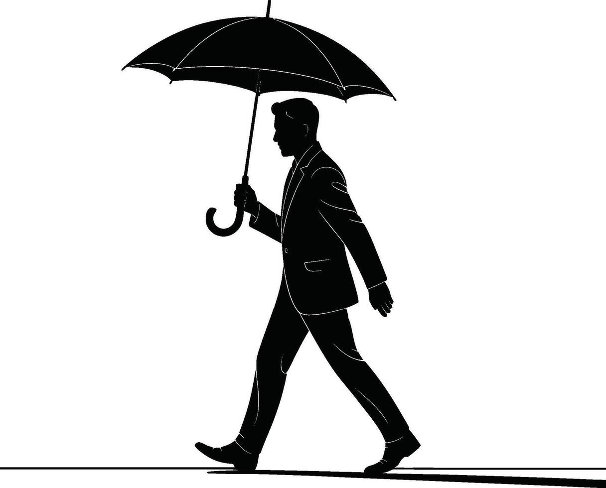 Silhouette of a businessman walking with umbrella on a bright white background vector