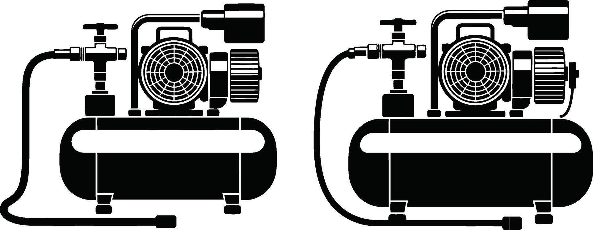 Black and white illustration of two air compressors side by side showing detailed mechanical parts vector