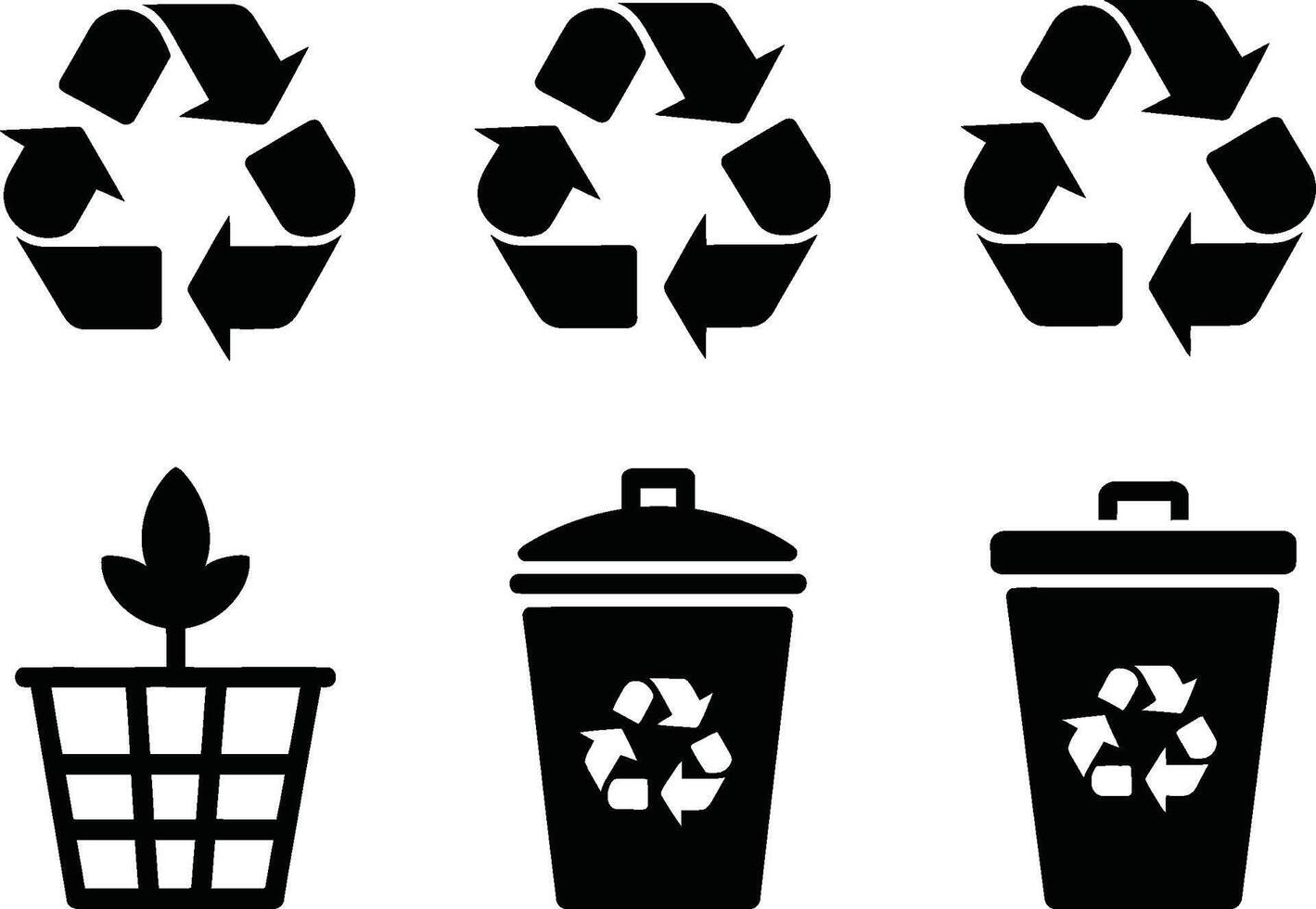 Monochrome recycling symbols and bins representing environmental conservation and sustainability efforts vector