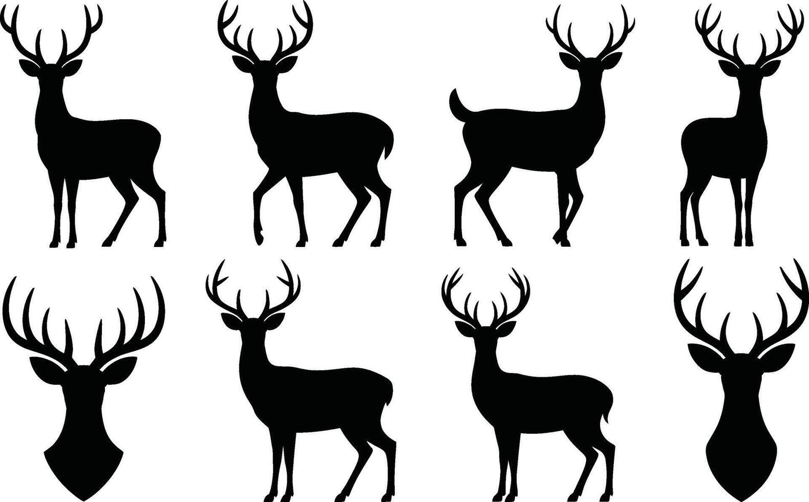 Collection of black silhouette illustrations of majestic deer in various poses and head profiles vector