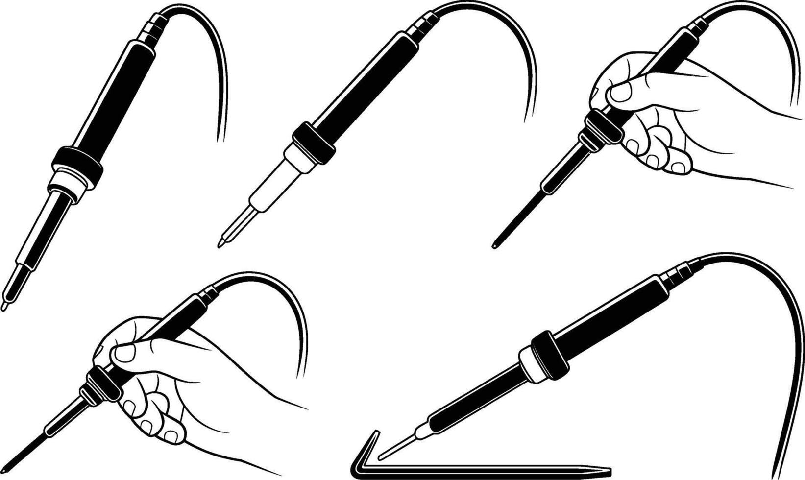 Detailed illustrations of soldering irons in various positions and holding scenarios vector
