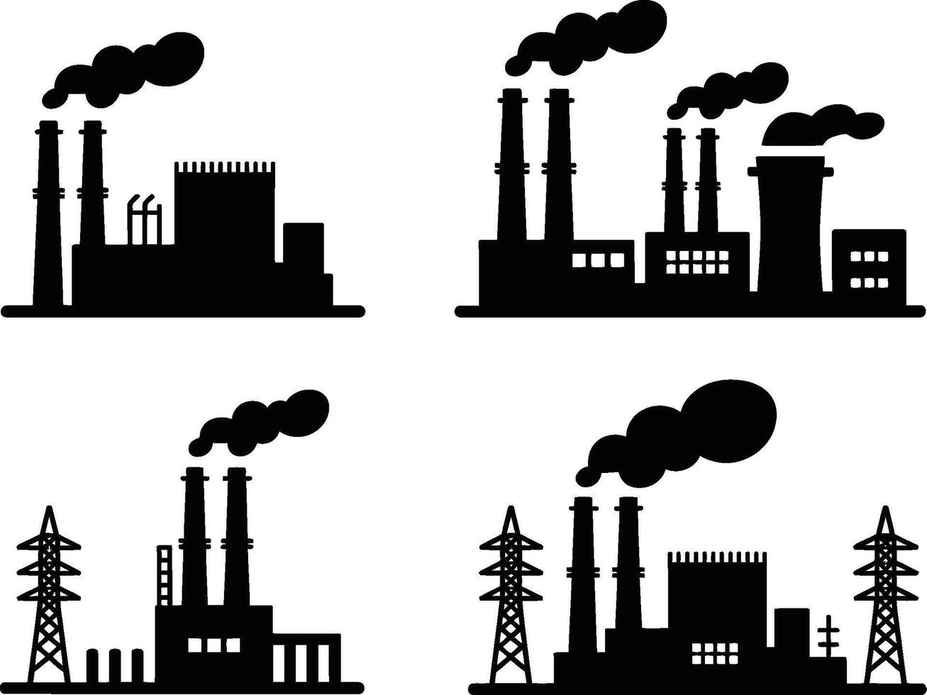 Set of silhouetted industrial factory illustrations featuring smoke stacks and power lines in black and white vector