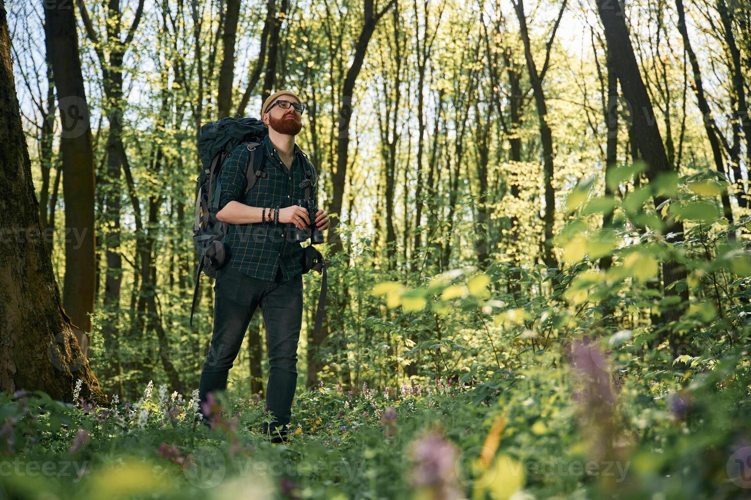 Tourist with binoculars... Bearded man is in the forest at daytime photo