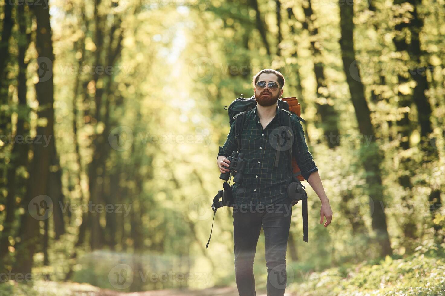 On the,, pathway with binoculars. Bearded man is in the forest at daytime photo
