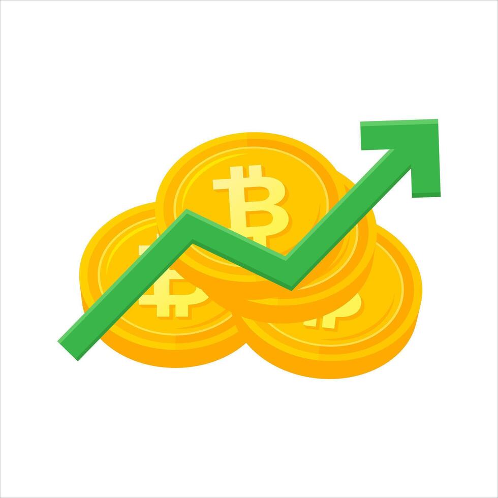 Bitcoin growth profit icon, with investment chart rise, cryptocurrency trading illustration, luxury gold coin color vector