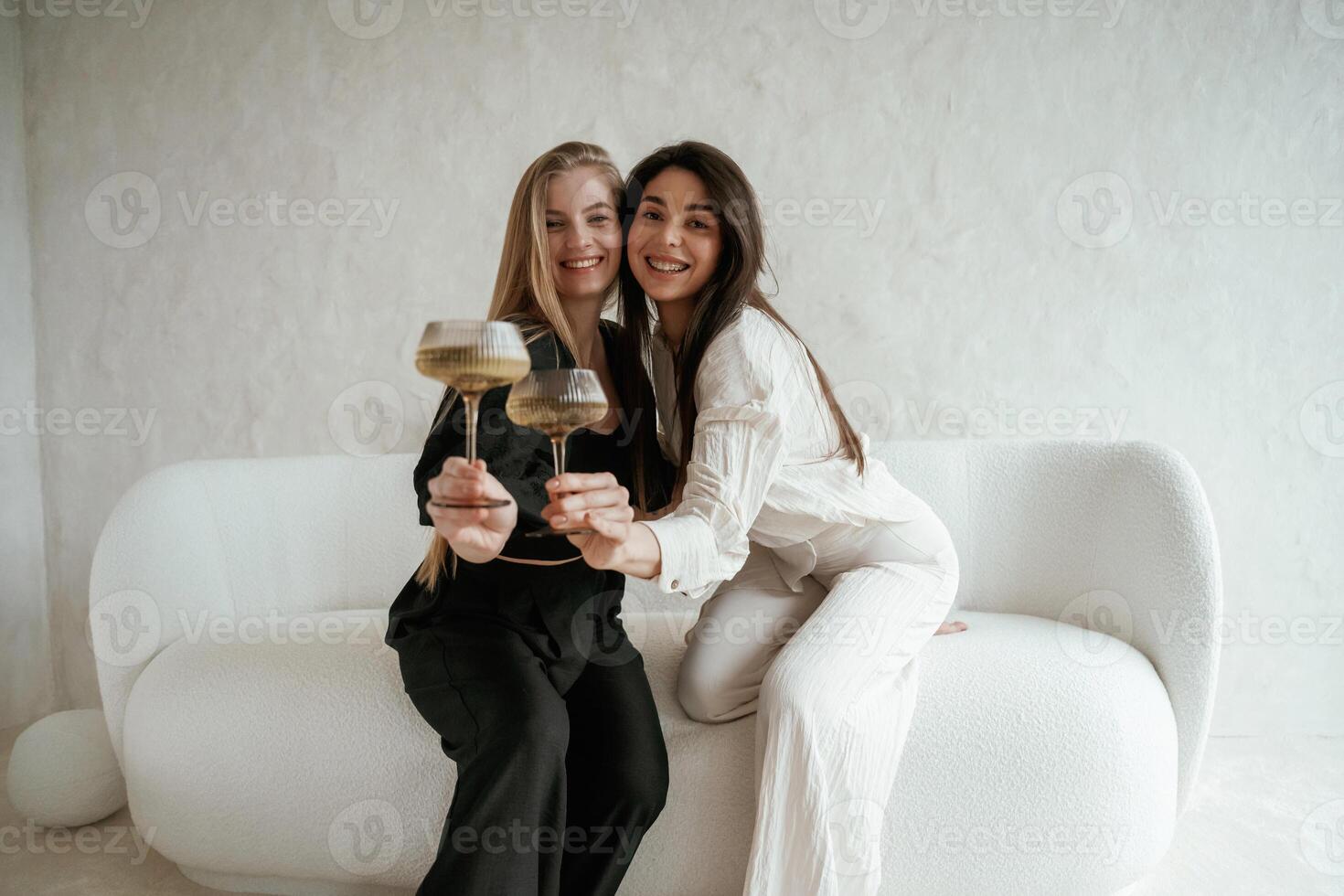 In black, and, white clothes, with drink, celebrating. Two happy young female best friends are indoors,, photo