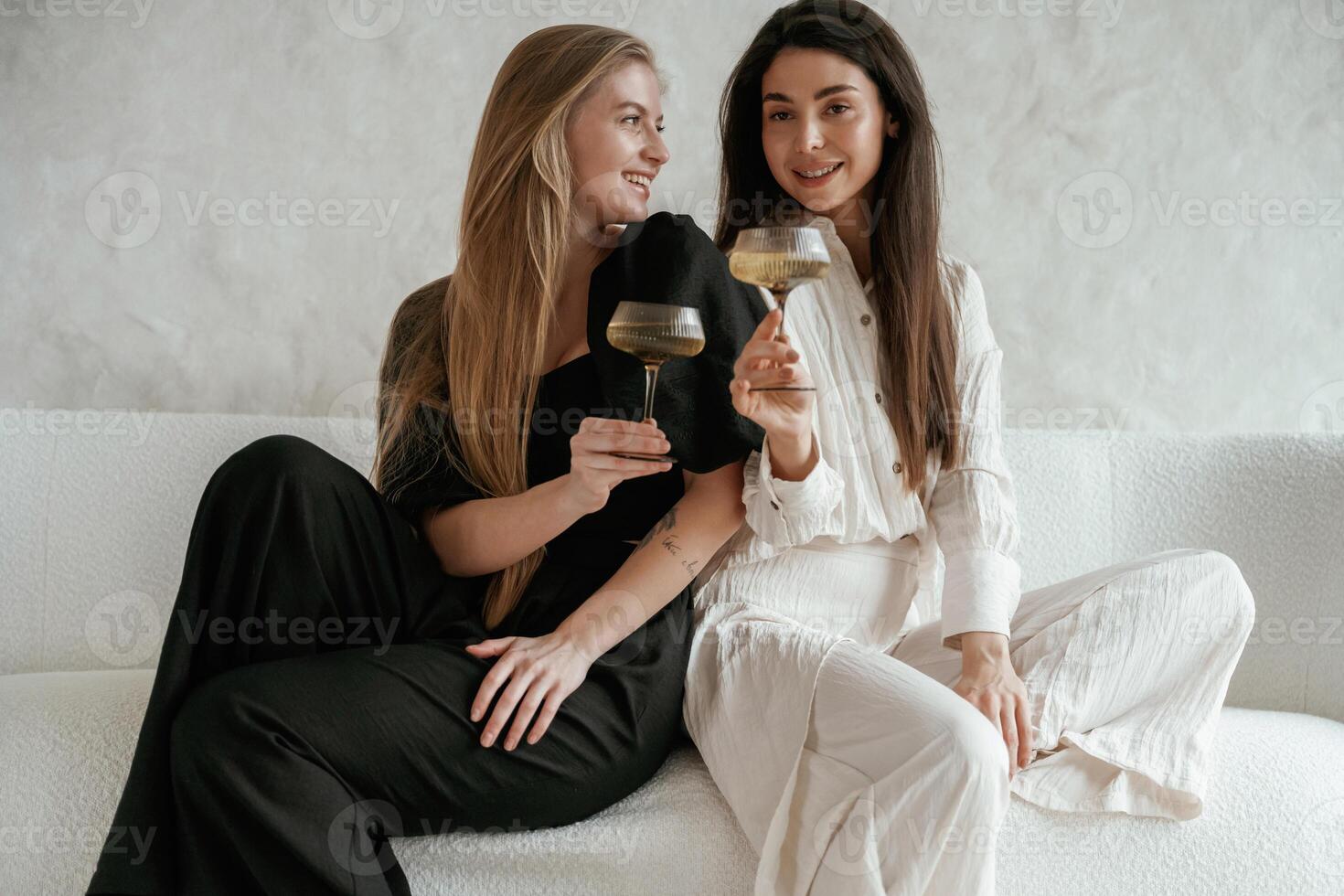 Event, with drinks, celebrating. Two happy young female best, friends ,are indoors photo