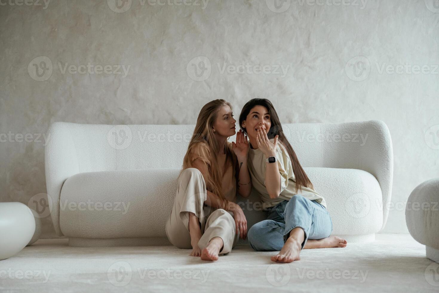 Telling a secret. Two happy young female best friends are indoors photo