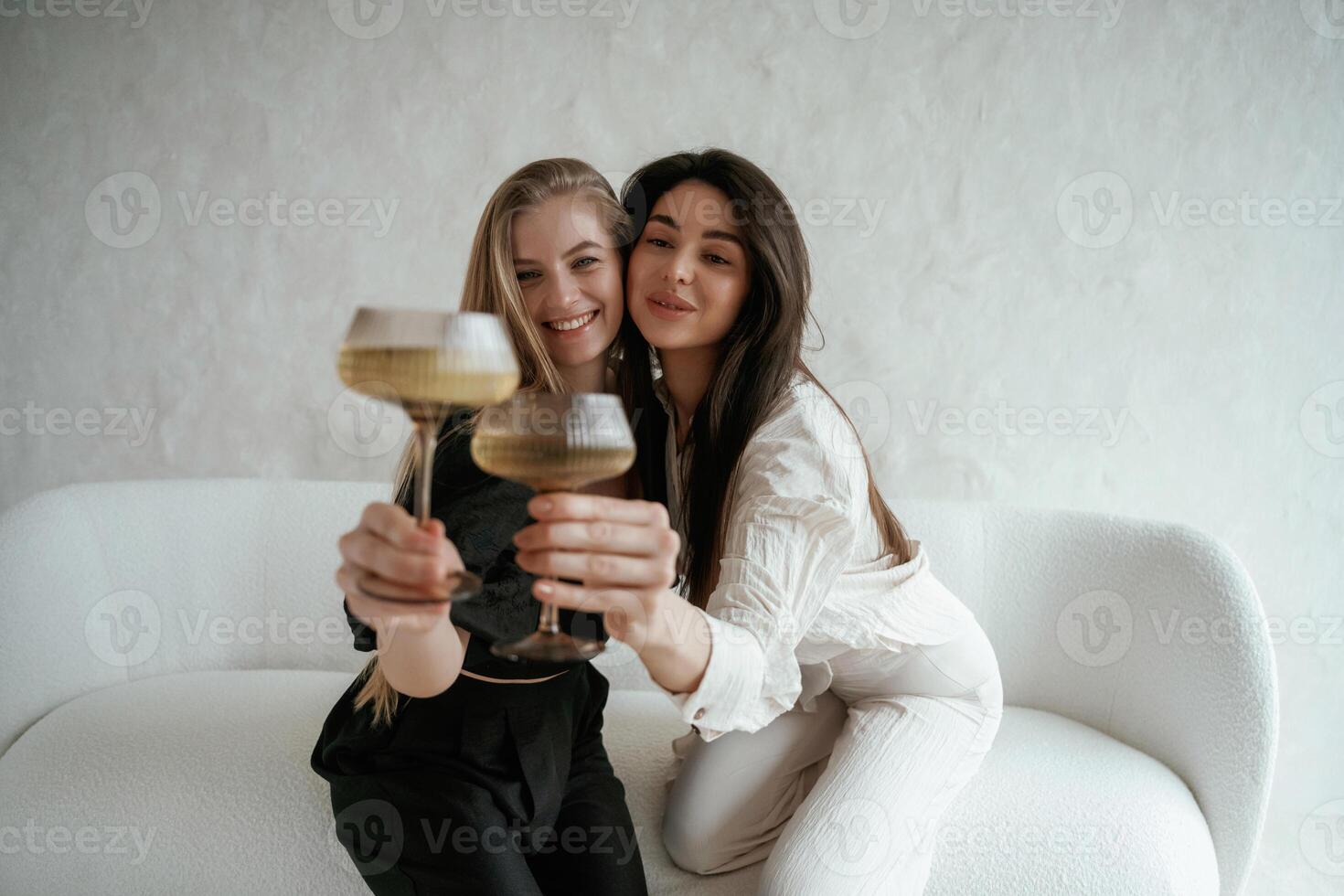 In black, and ,white clothes, with drink, celebrating. Two happy young female best friends are indoors photo
