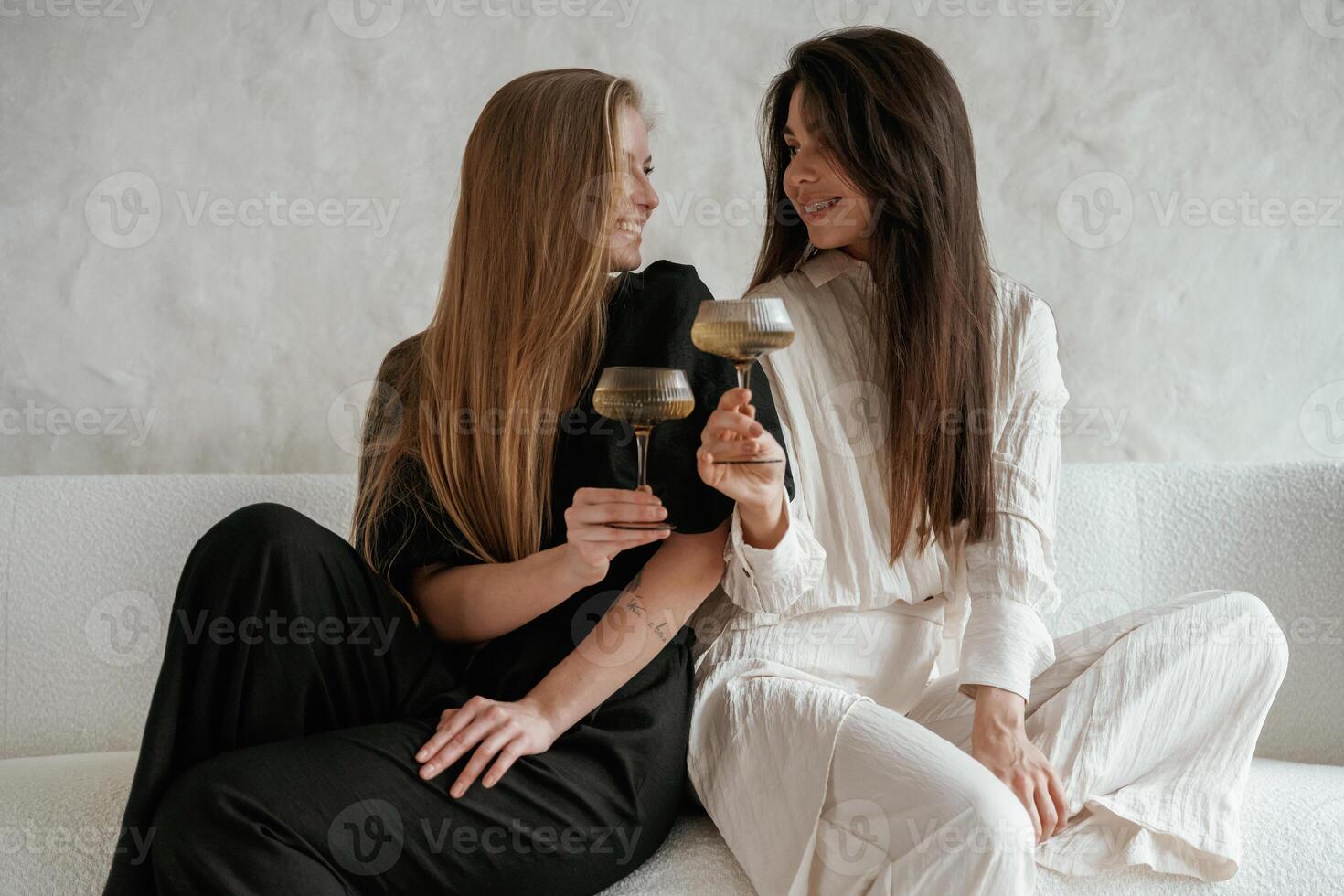 Event,, with,, drinks, celebrating. Two happy young female best friends are indoors photo