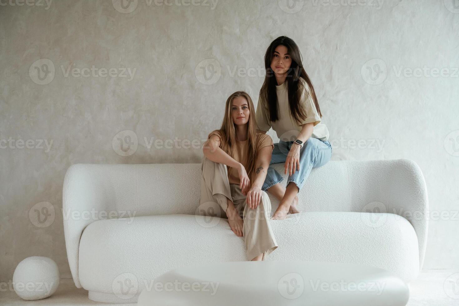 Looking, forward, sitting. Two, happy ,young female best friends are indoors photo