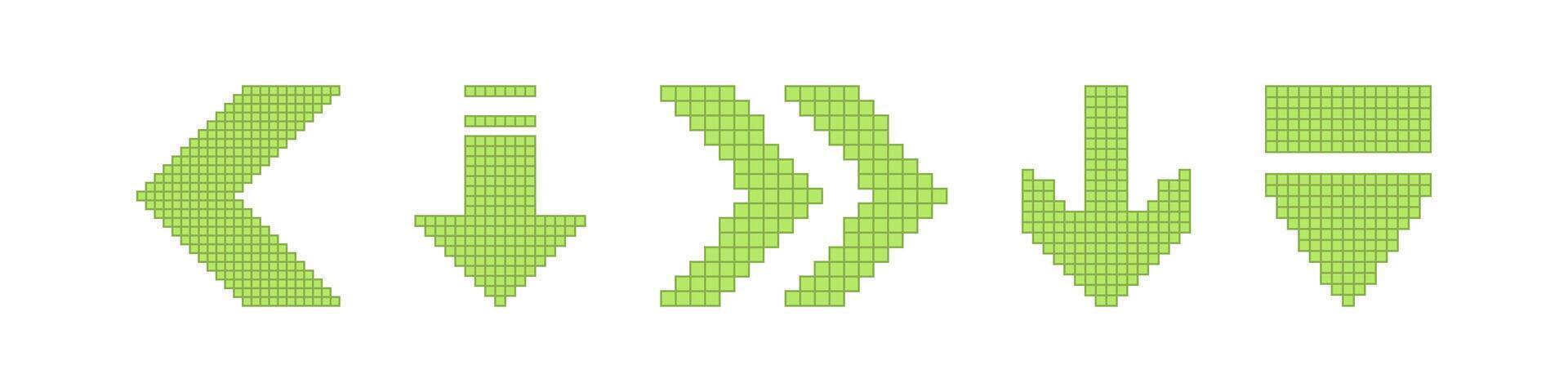 Green pixel arrow icons for web ui buttons pointers and menu graphics vector