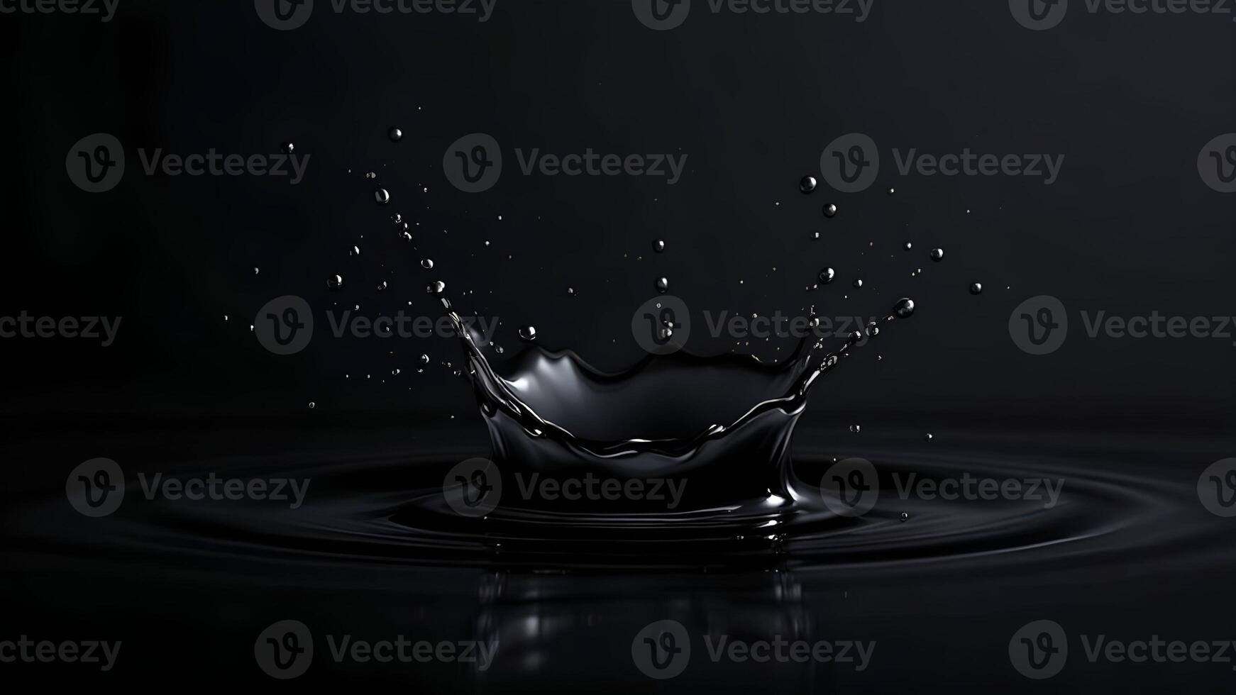 A dramatic high-speed shot of black liquid splashing in mid-air, with suspended droplets forming a dynamic crown-like pattern against a dark background photo
