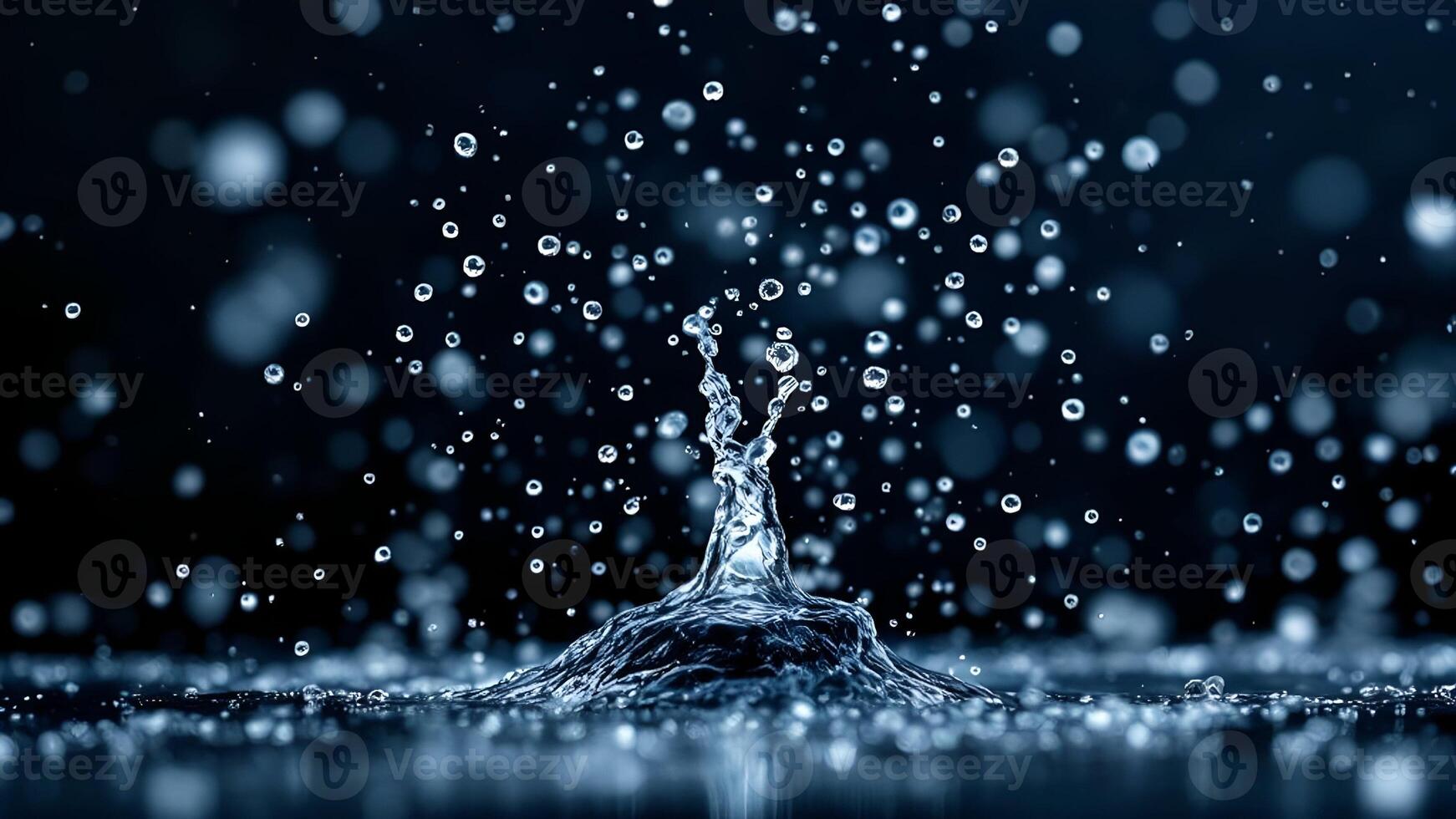 A dynamic capture of water splashing with suspended droplets in mid-air, set against a dark background to highlight movement and clarity photo