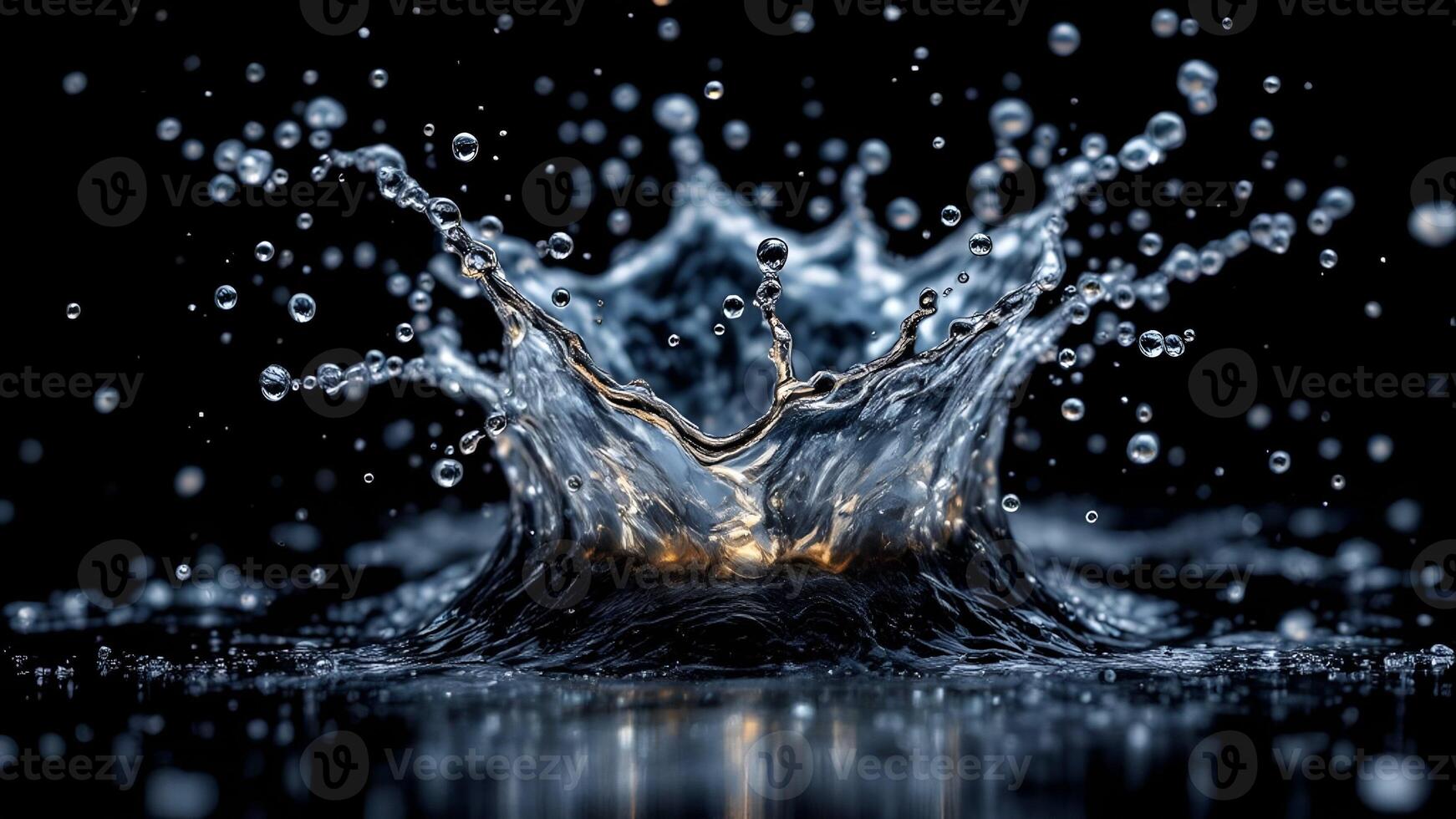 A stunning high-speed capture of a water splash with suspended droplets in mid-air against a dark background, emphasizing movement and clarity photo