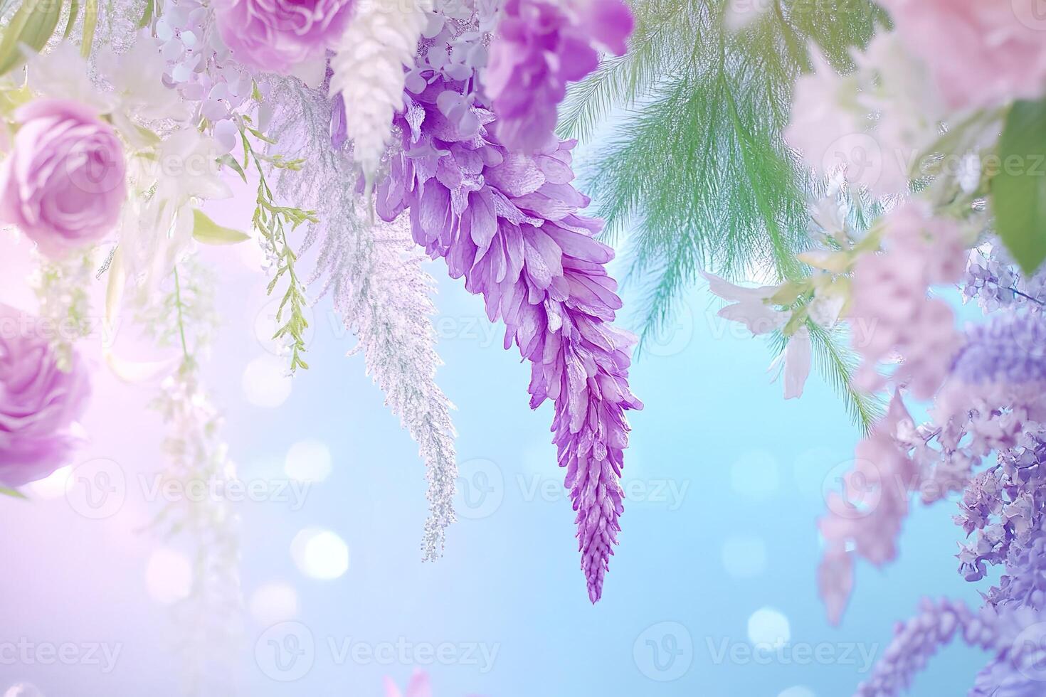 Close up of a fancy floral decor with wisteria, rose, fern against a dreamy, bokeh filled background photo