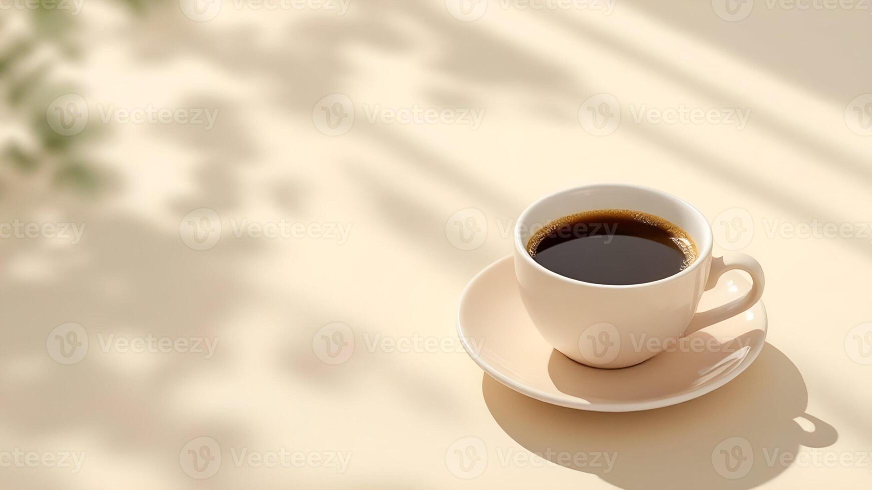 Minimalist White Coffee Cup and Saucer with Dark Brew on Light Surface photo