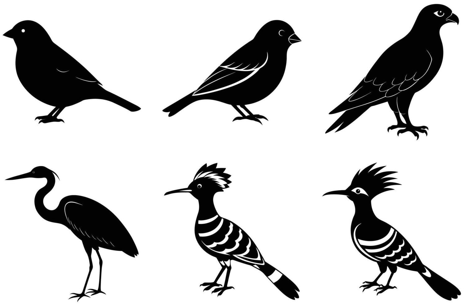A collection of black and white silhouette illustrations of different bird species. vector