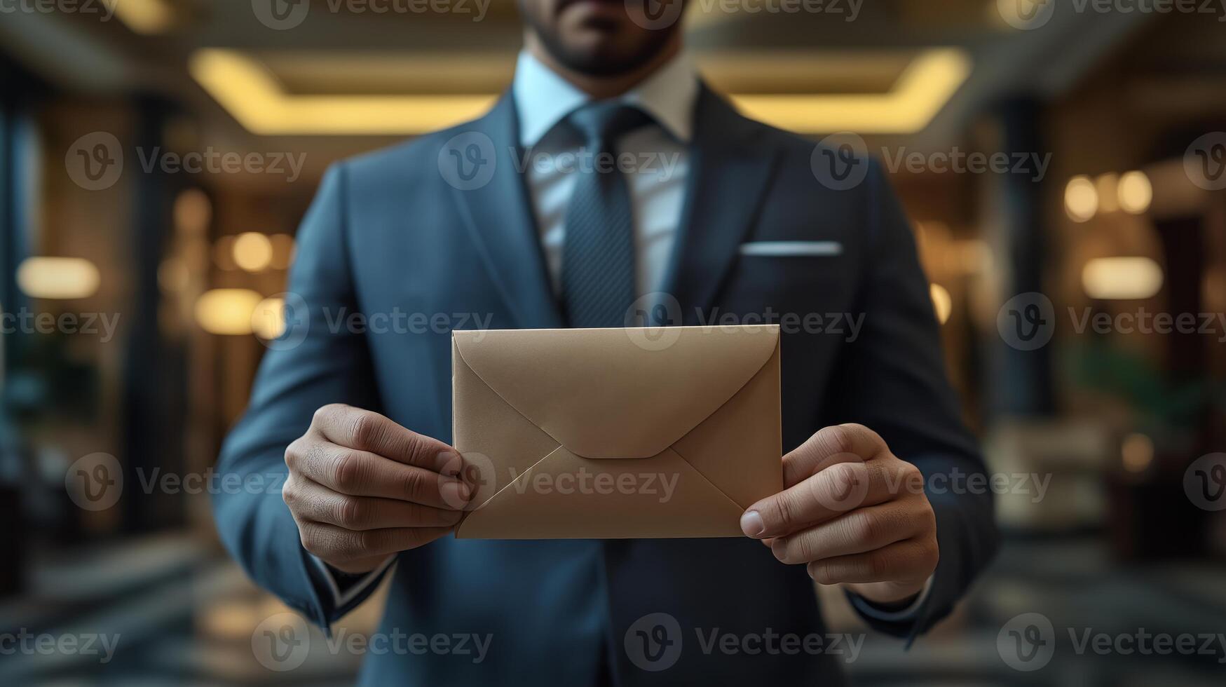 Sophisticated indoor environment featuring a man dressed in a suit, holding a sealed envelope. photo
