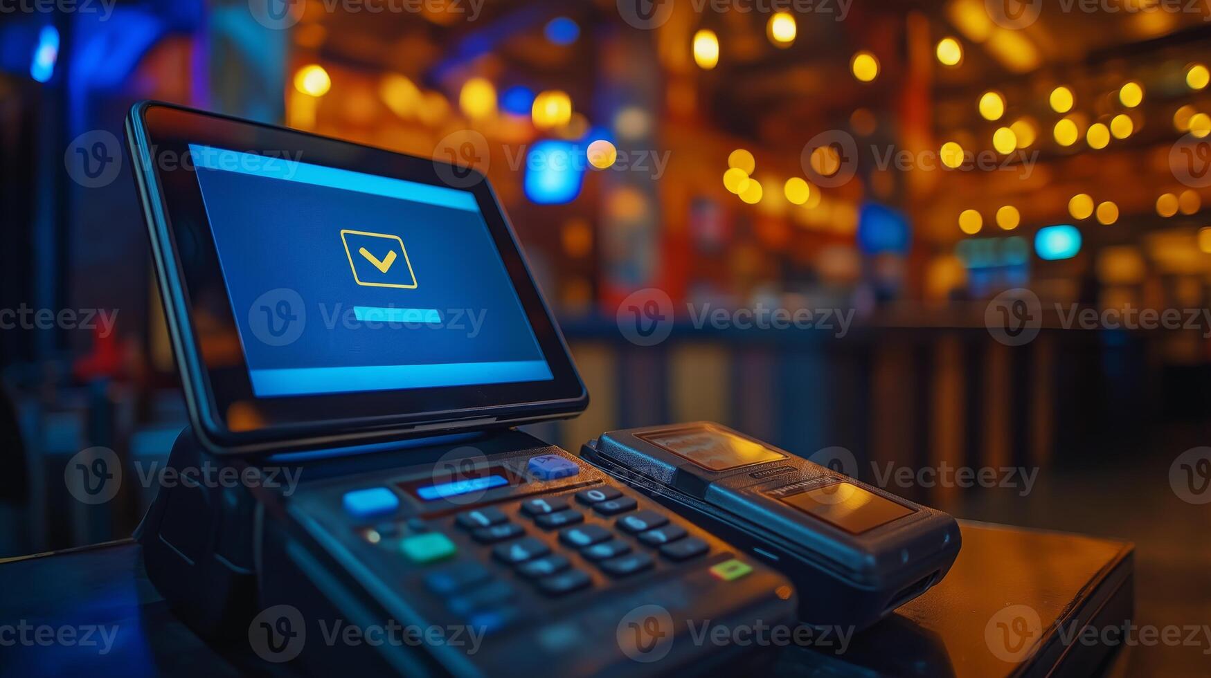 A modern device displaying a verification status sits on a desk in a government office, indicating progress in the approval process for applications and regulations. photo