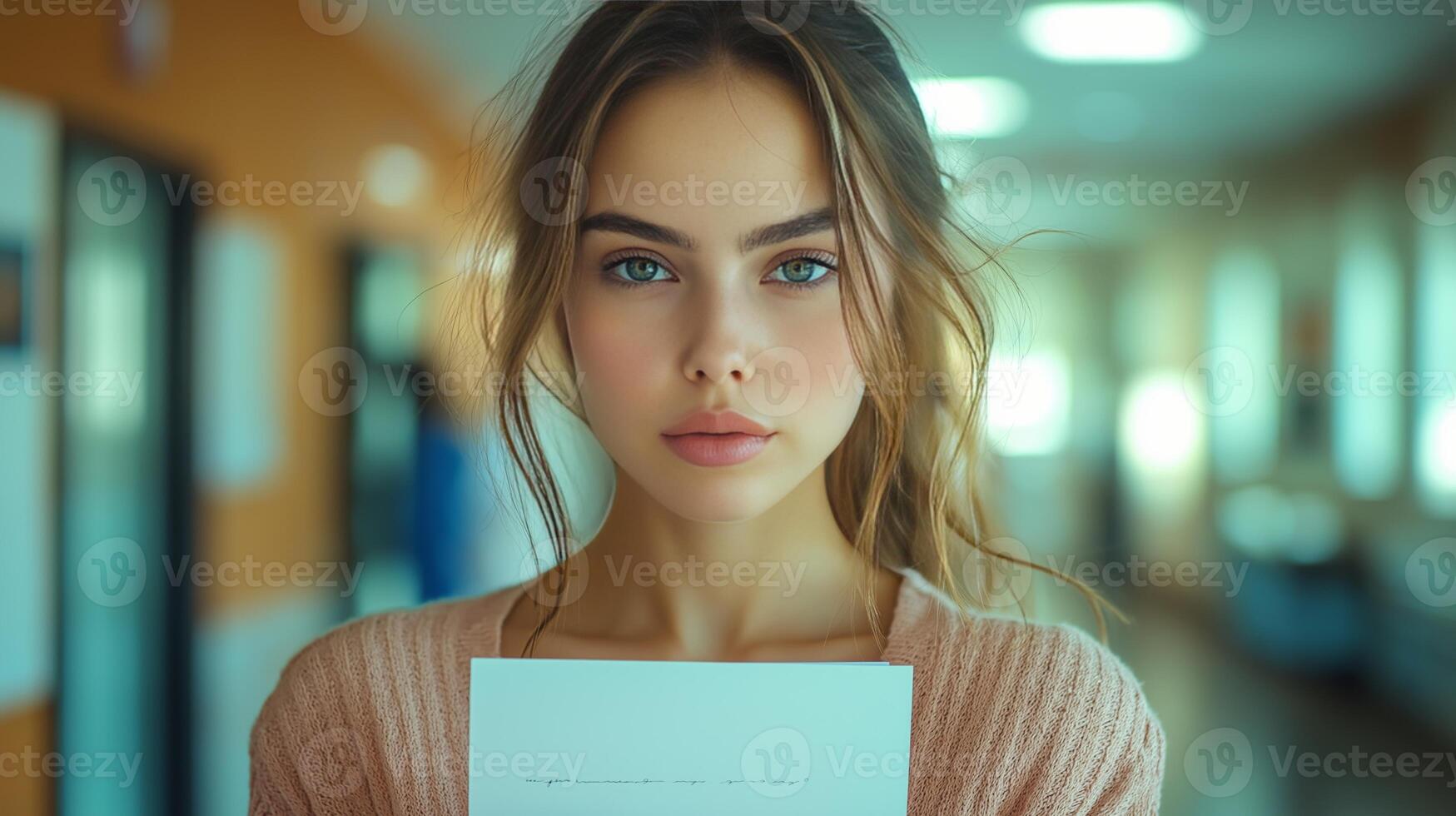 A young woman stands in a hallway of a government building holding a document. She has an inquisitive expression as she prepares for the verification process. photo