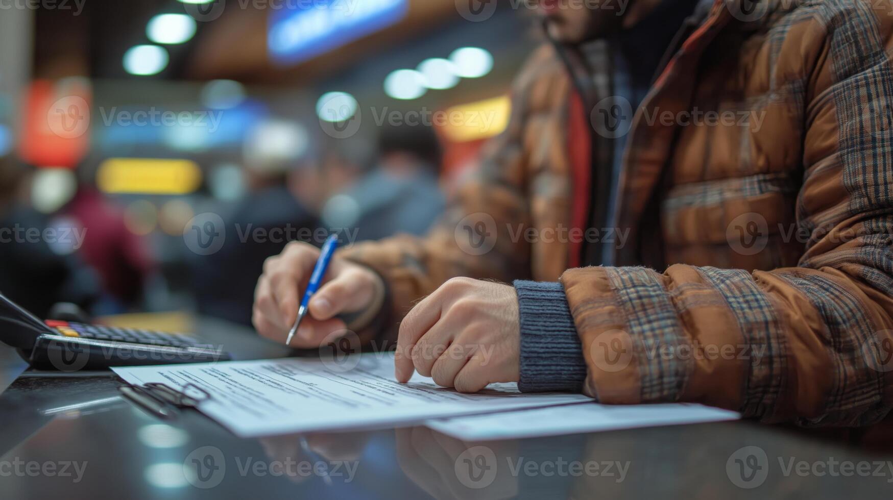 A person fills out application forms at a government office, working carefully to ensure all information is accurate amid a crowded environment and busy desk area. photo