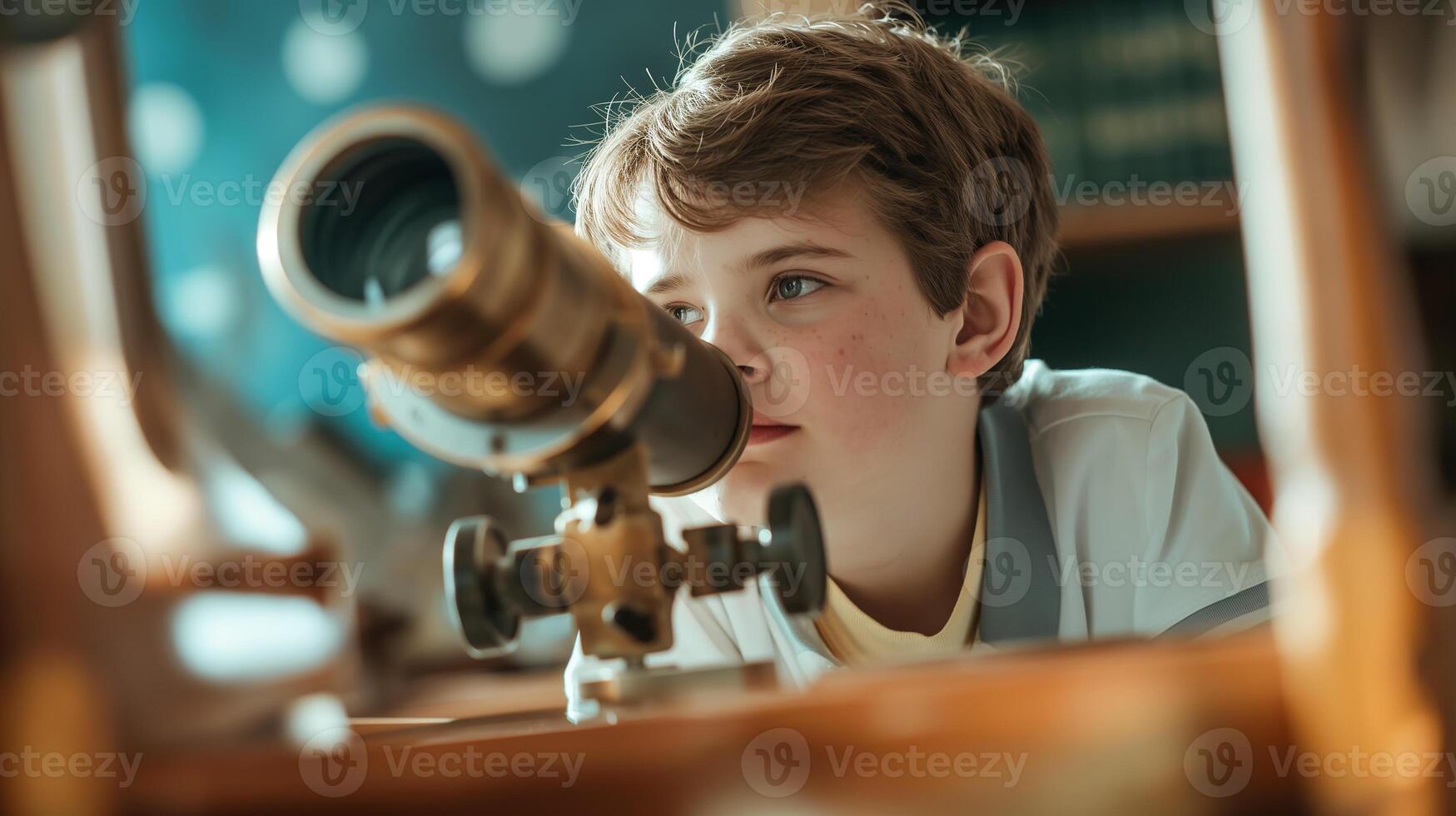 This Child focuses on telescope, engaging with educational materials in a vibrant classroom environment. photo