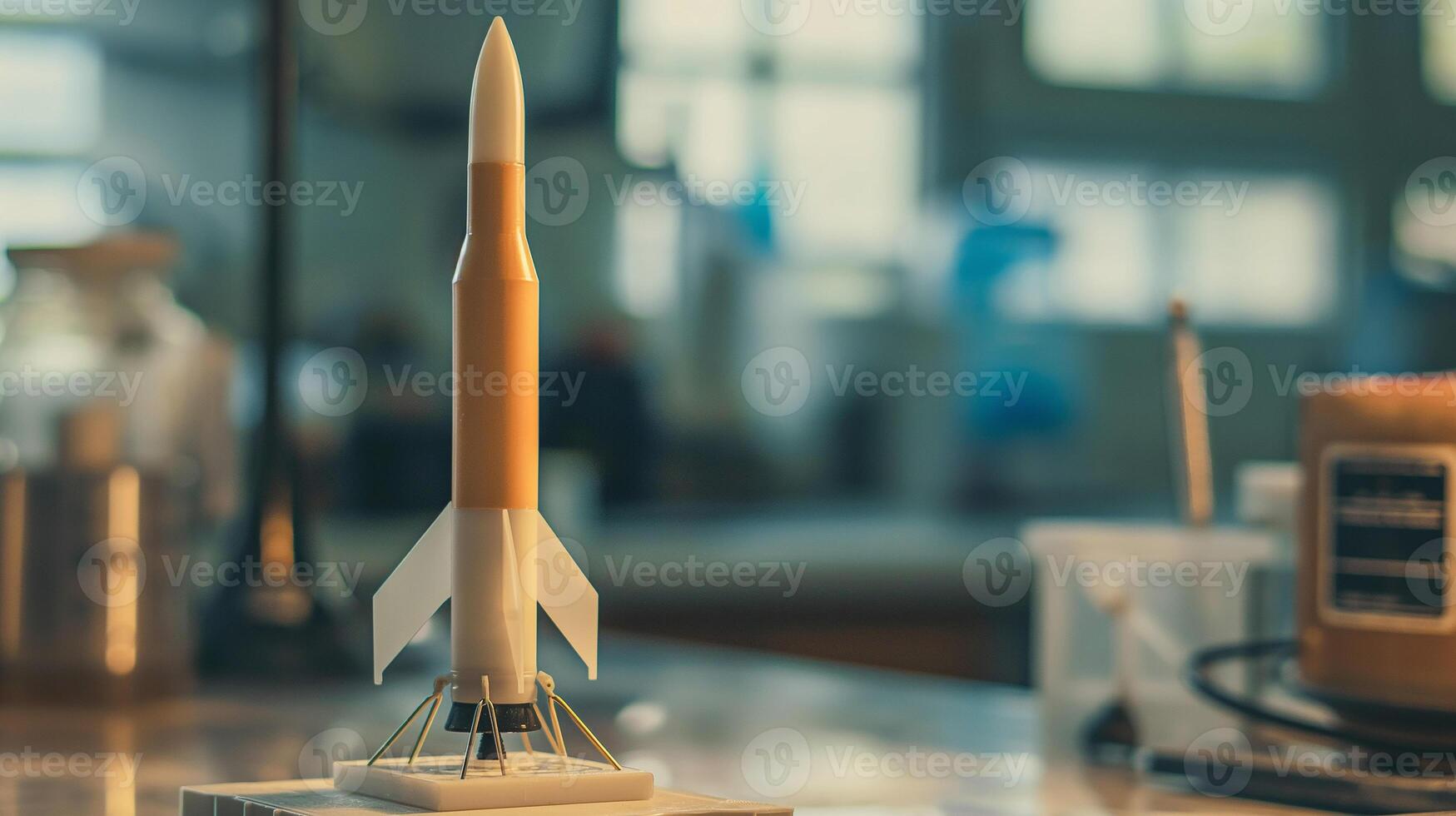 This model rocket on a classroom table showcases tools for hands-on science projects. photo