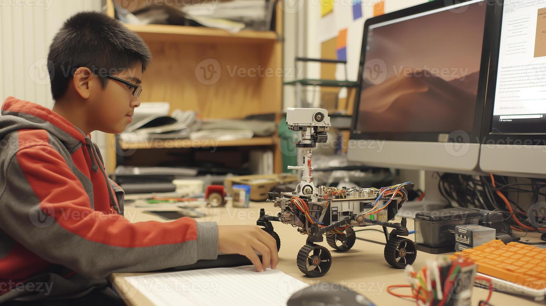 This young learner interacts with a robotic model while working on programming tasks. photo