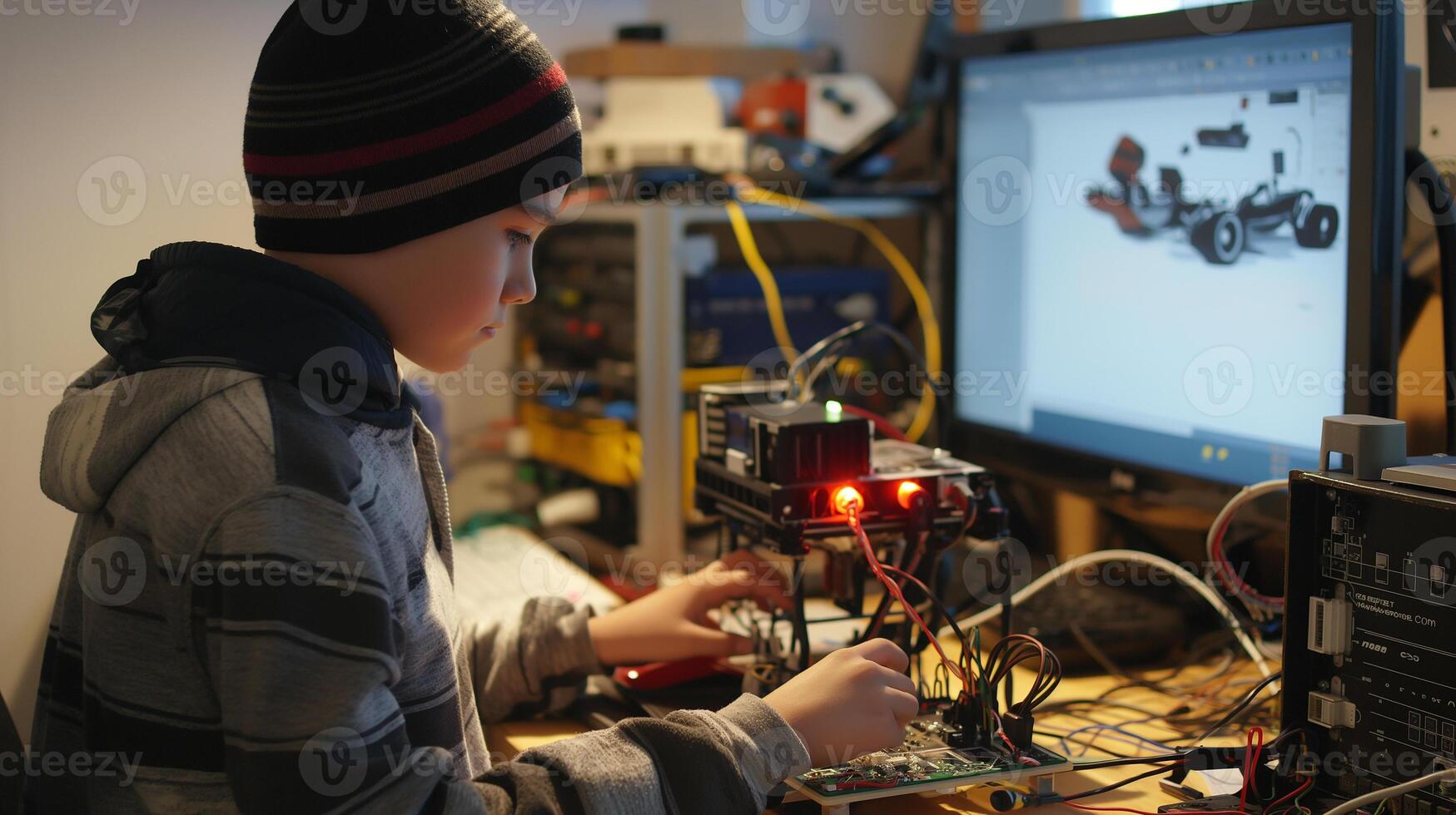 This Child builds robotics project, connecting parts with AI-based learning resources. photo