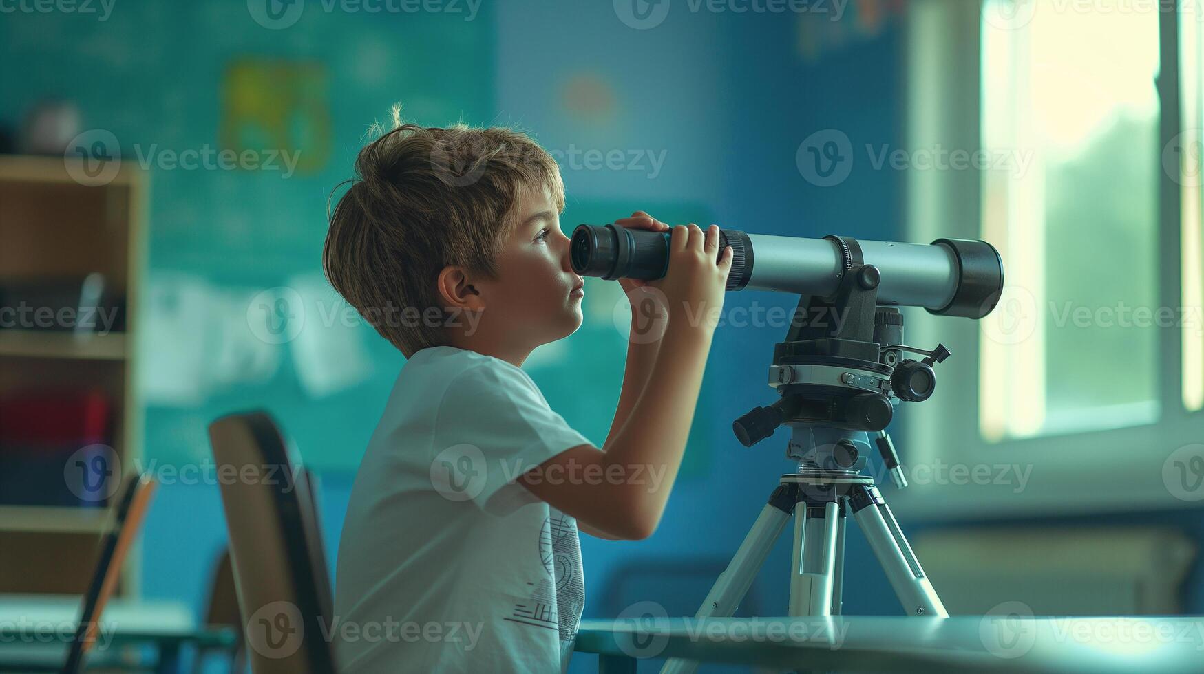 This young learner explores a telescope, discovering concepts in a rich school environment. photo
