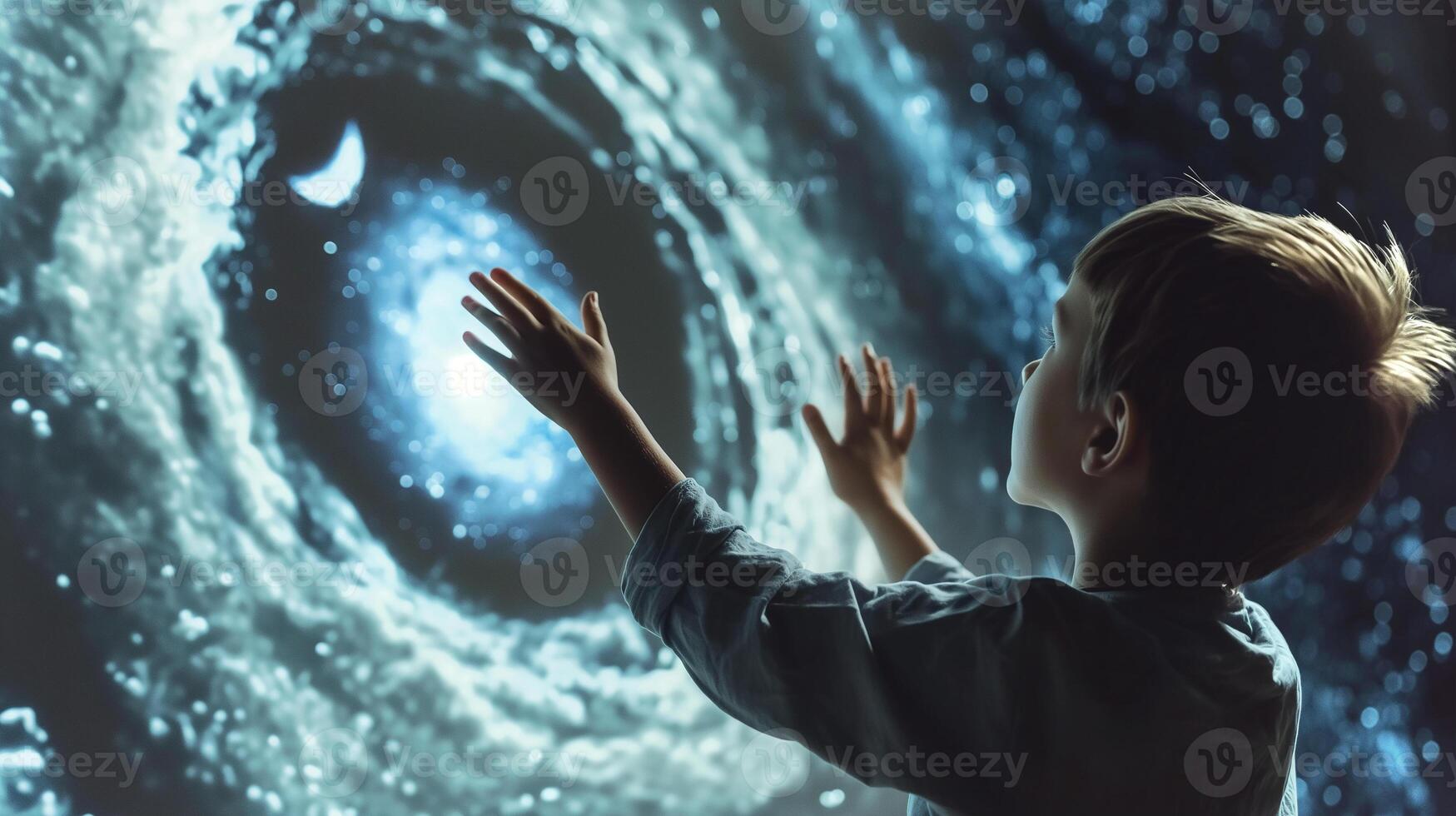 This child interacts with a digital universe in an engaging learning experience. photo