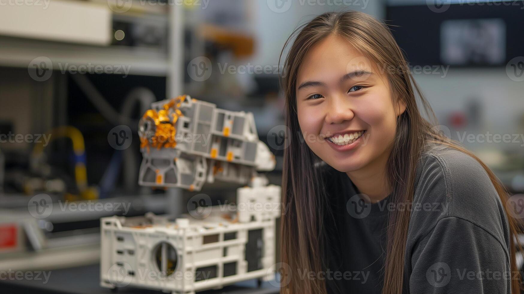 This student smiles while using interactive AI learning materials in a modern classroom. photo