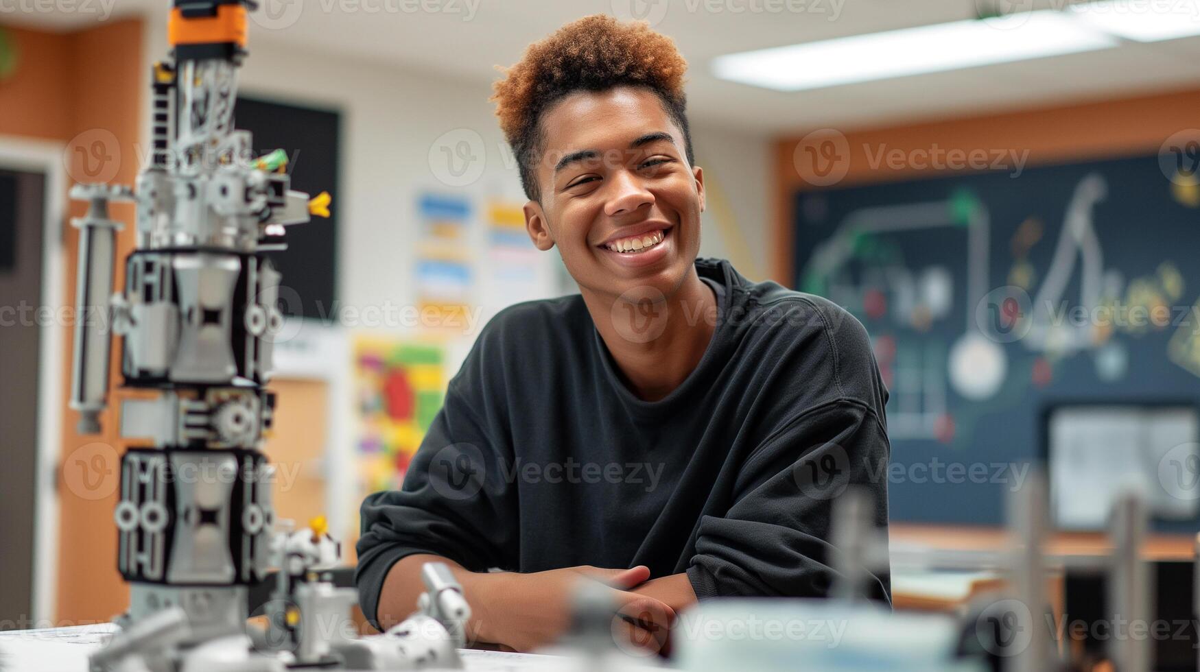 This Young student smiles while working with robotics materials in a dynamic learning environment. photo