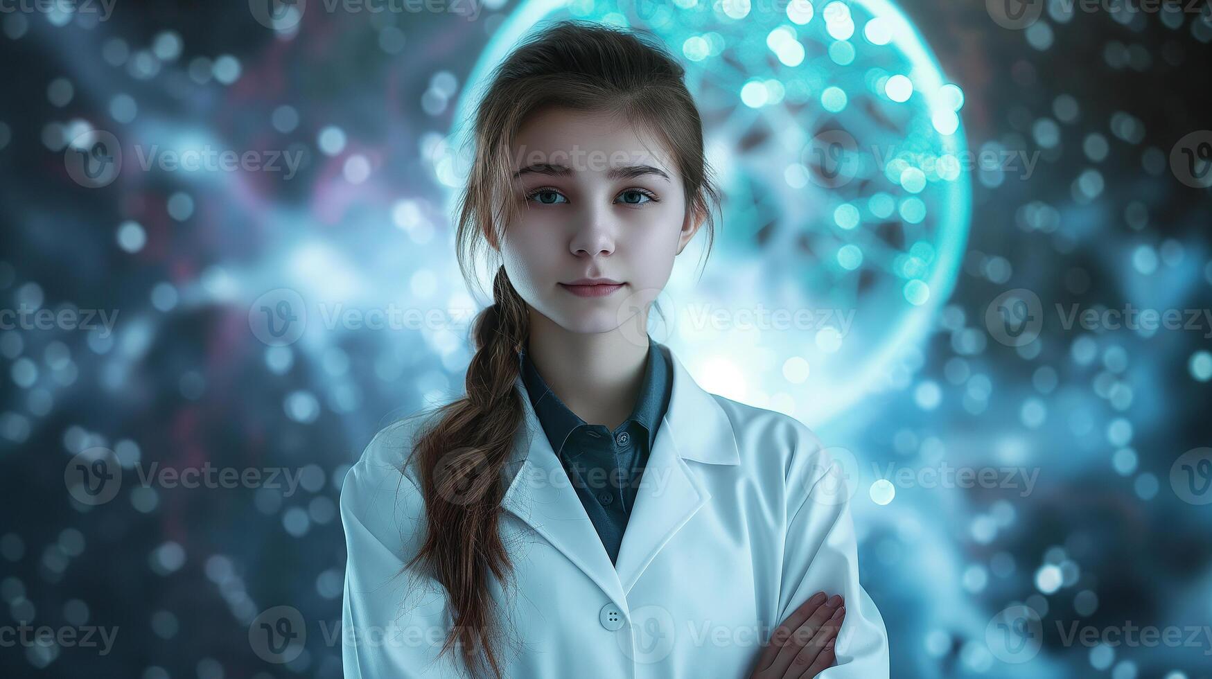 This Young student in a lab coat stands confidently, exploring ai and its impact on education. photo