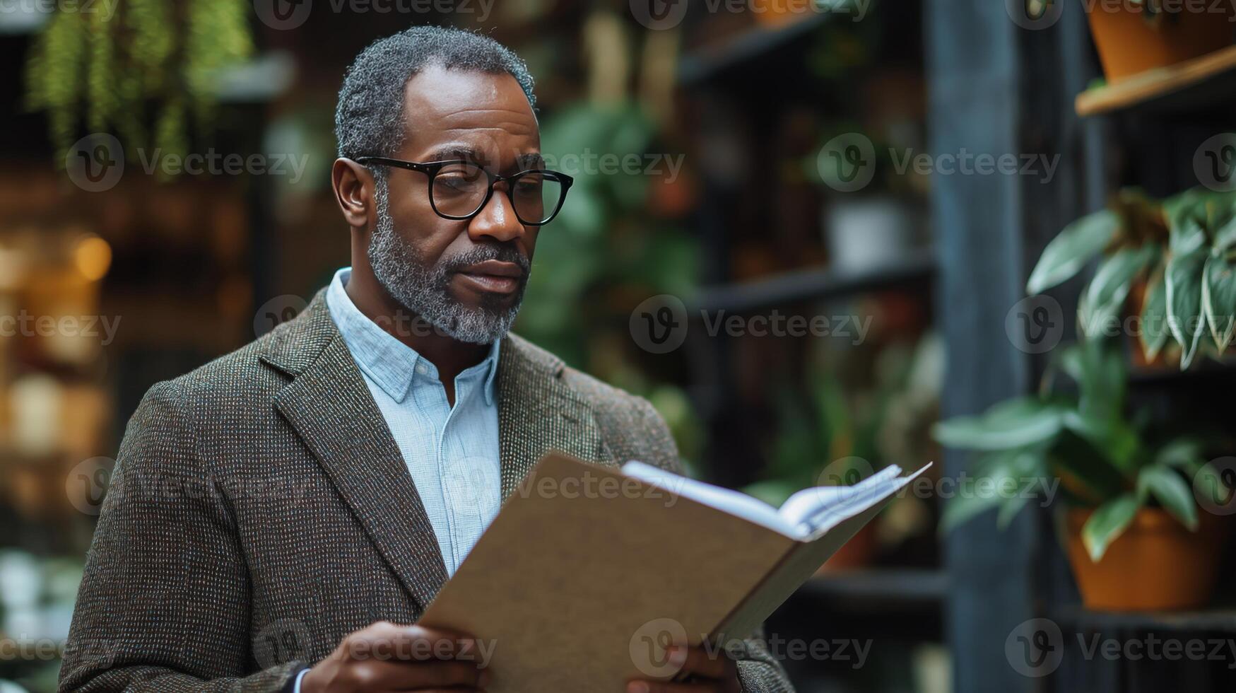 A man in a suit examines documents while surrounded by lush greenery, reflecting a meticulous approach to processing government applications and regulations. photo