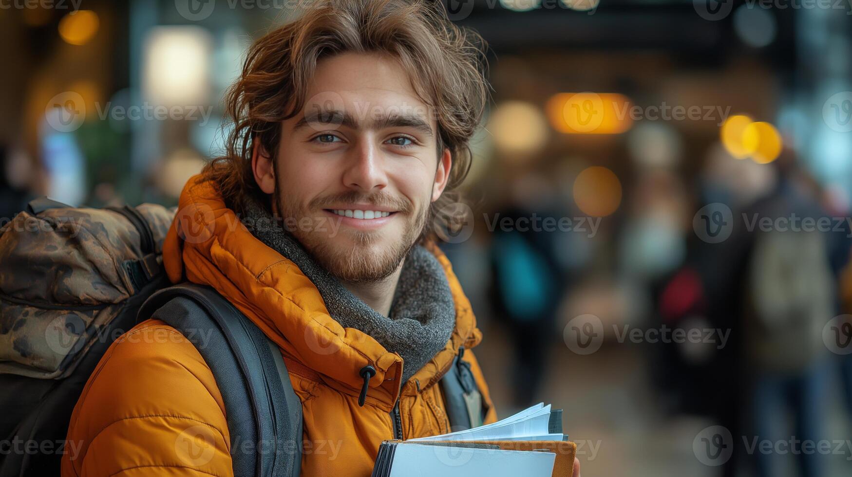 A student wearing a bright orange jacket stands proudly in a crowded city environment, carrying several books and displaying a warm smile on a cold day. photo