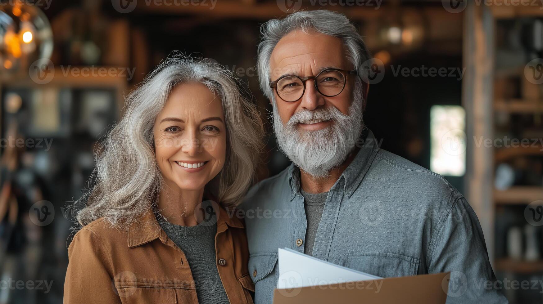 Two smiling individuals, a man and a woman, hold documents in a government office, celebrating their success in a regulatory process that involved multiple application forms. photo