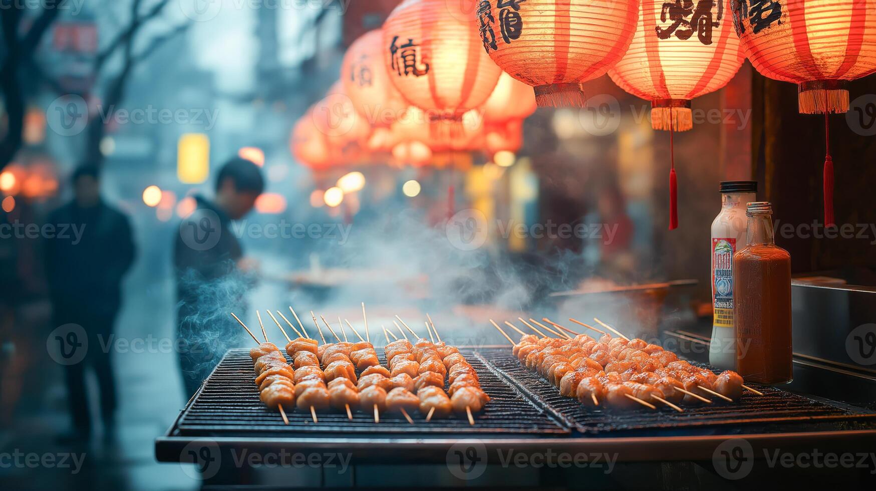 Skewers of grilled chicken sizzle over a charcoal grill in a lively street market. Lanterns illuminate the scene while visitors enjoy the tasty offerings amidst evening fog. photo