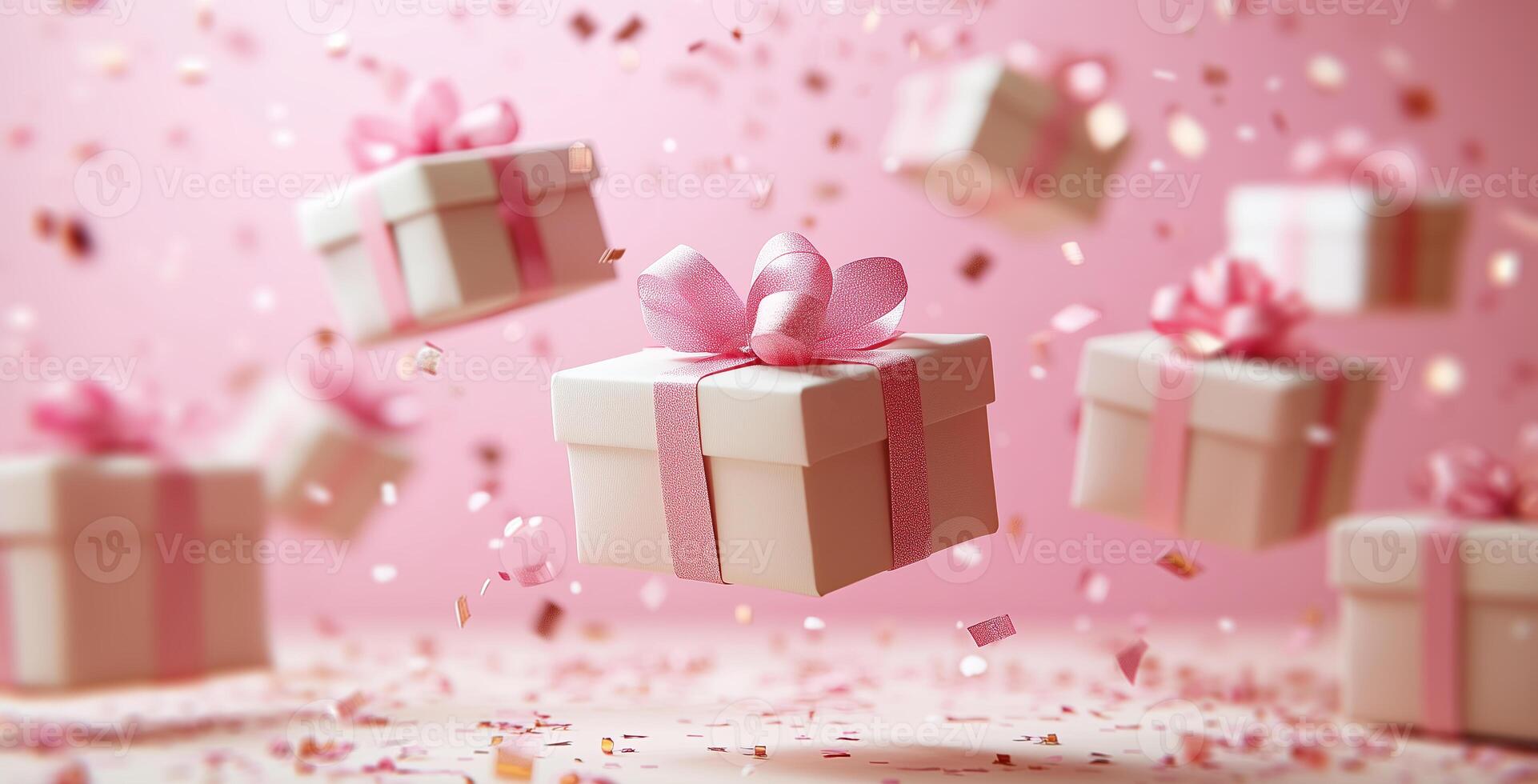 A collection of beautifully wrapped gifts with pink bows is suspended in mid-air, surrounded by sparkling confetti. This vibrant display evokes a joyful holiday spirit during the fall season. photo