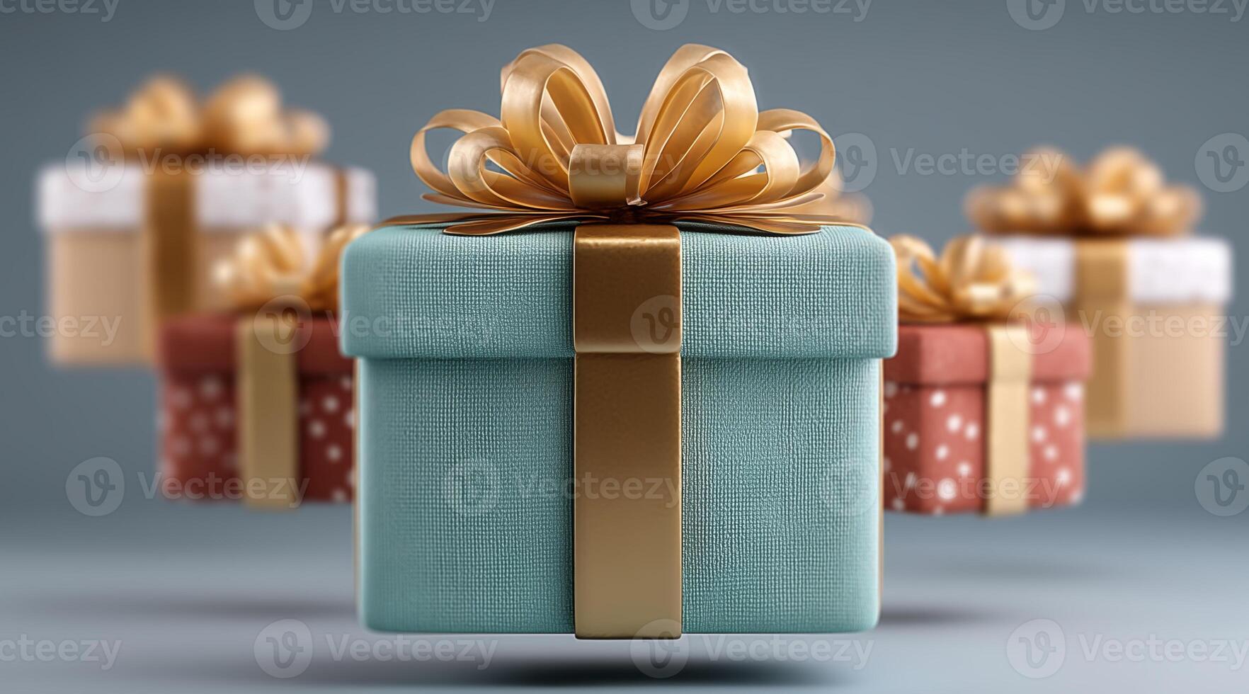 Festively wrapped gift boxes in various colors with elegant golden bows float in a calm setting. Their presence signifies the joy and anticipation of holiday celebrations in the fall. photo