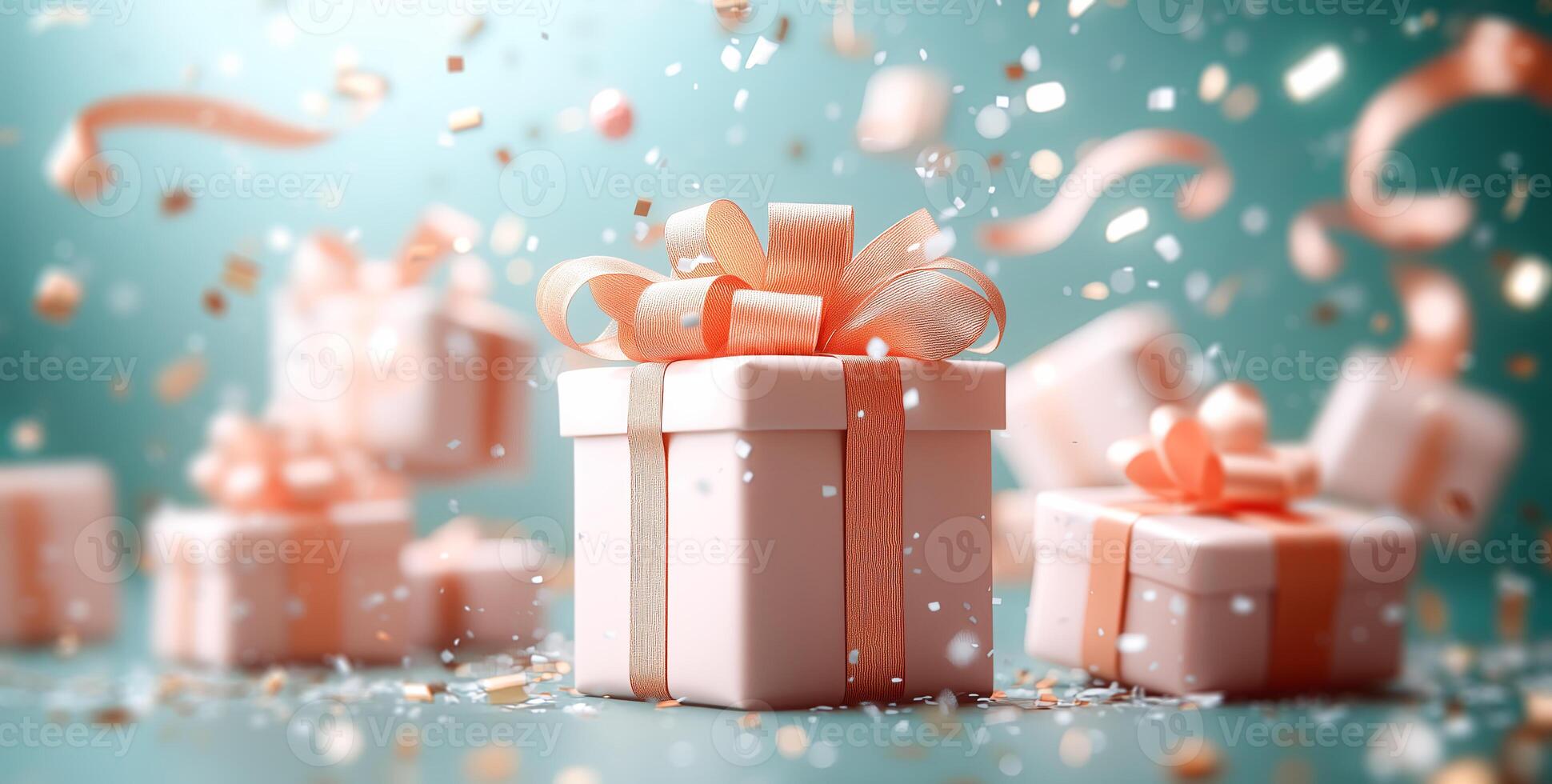 A decorative gift wrapped in pastel-colored ribbon sits prominently, surrounded by other gifts. Confetti and swirling ribbons create a lively holiday atmosphere, emphasizing the joy of the season. photo