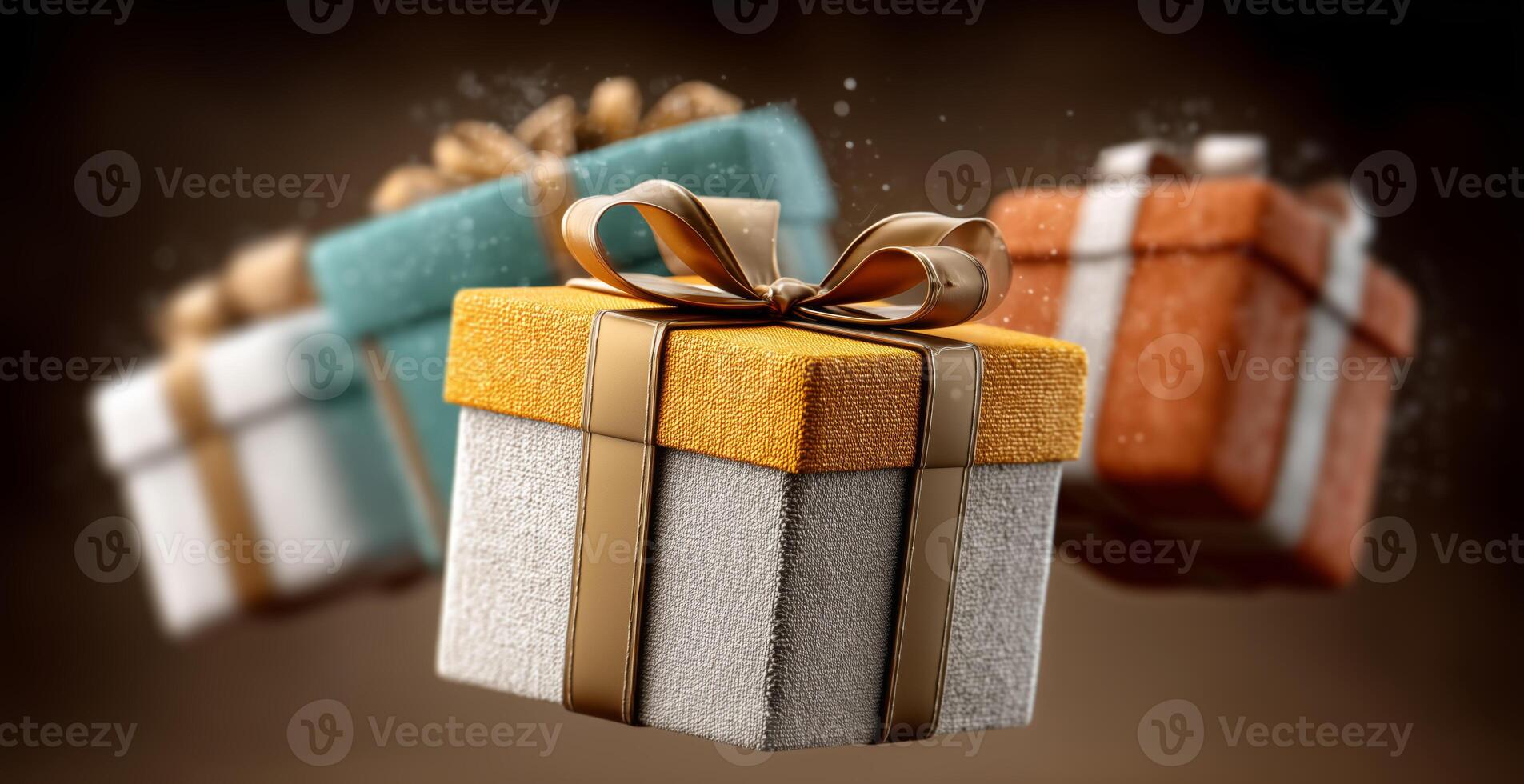 Colorful gift boxes featuring elegant bows float against a warm backdrop, symbolizing the joy of fall holidays. Their textured surfaces and rich colors evoke feelings of celebration and giving. photo