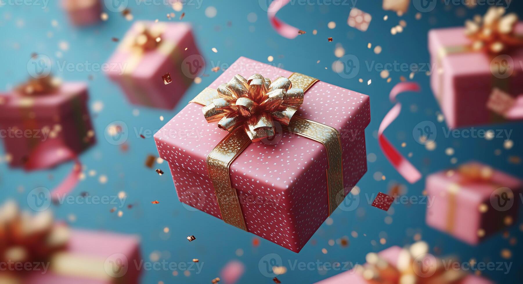 Colorful gift boxes adorned with shiny bows hover in a festive atmosphere filled with scattered confetti and ribbons, capturing the joyful essence of the fall holiday season. photo